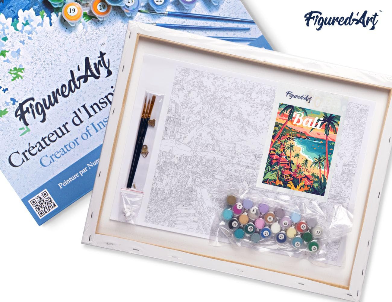 Figured'Art Peinture par Numéro Adulte avec Cadre Affiche de voyage Bali - Activité Manuelle Kit de Loisir Créatif DIY Numéro d'Art Complet - 40x50cm toile tendue sur châssis