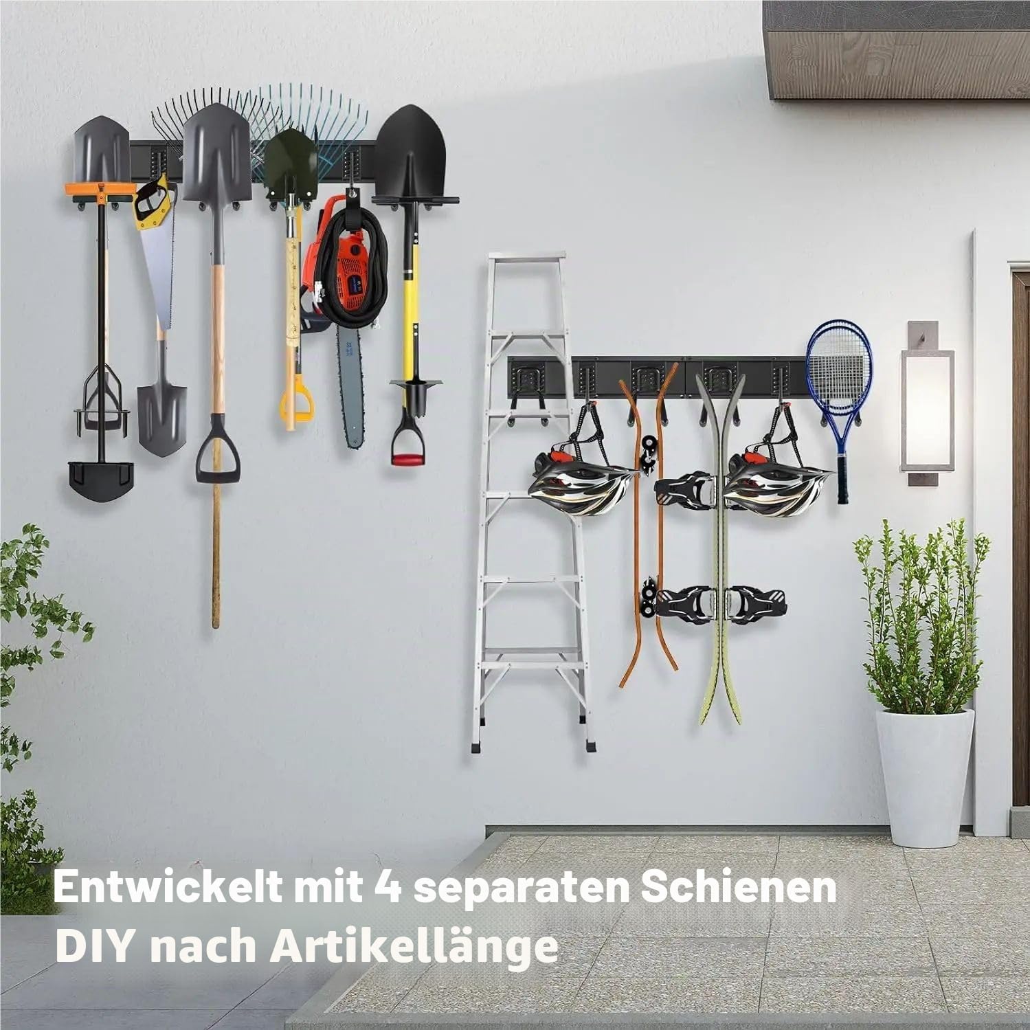Gartengeräte Halterung,64-Zoll-Werkzeugaufbewahrung Für Die Garage,Wandmontiert – Garagenwand-Organizer Mit 10 Haken,500 Lbs Gartenwerkzeug-Aufbewahrung,Verstellbare Haken,Schwere Metall-Garagenregale