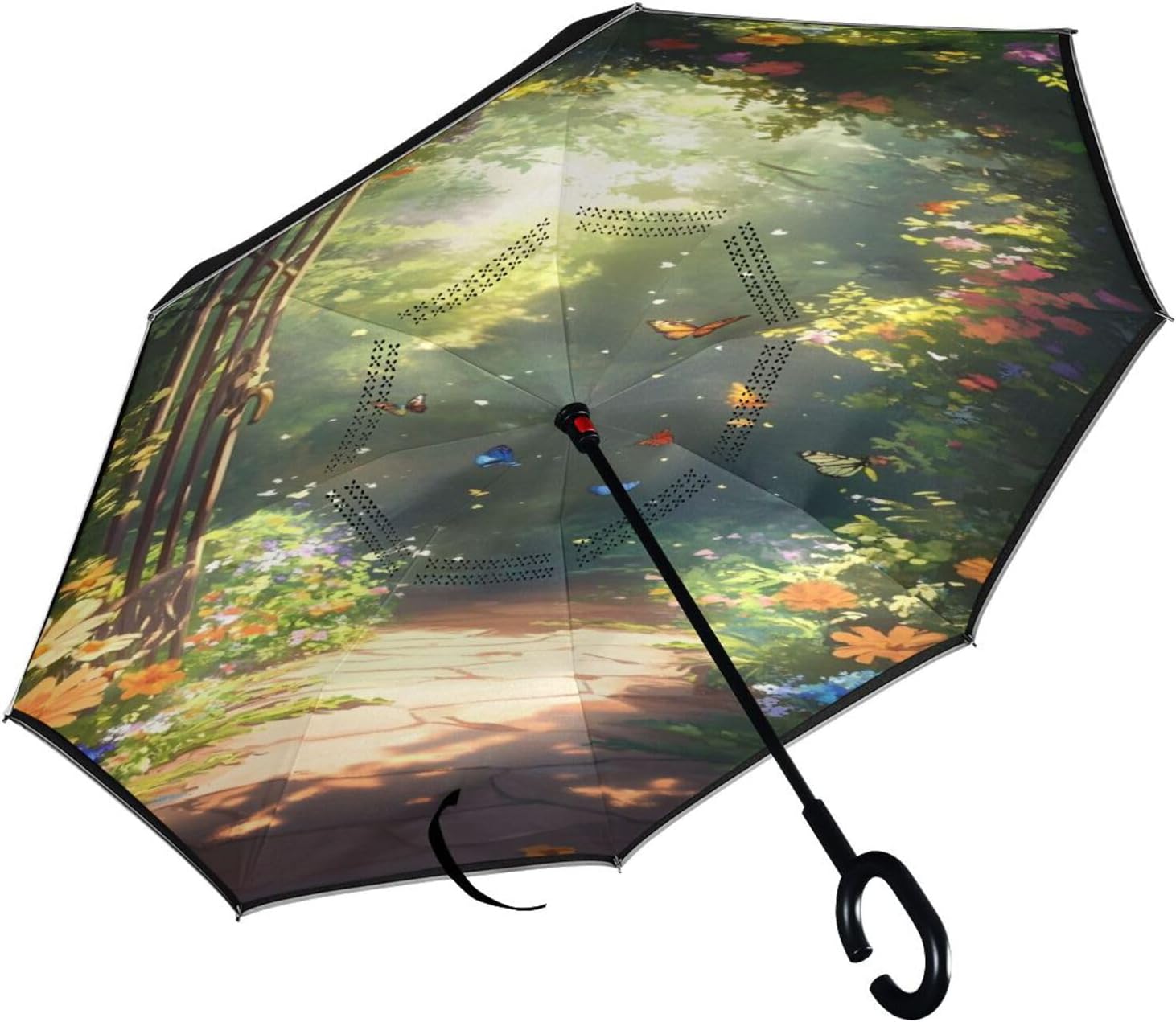 Inverted Umbrella Spring Flowers Double Layer Reverse Windproof Umbrella, Waterproof Stick Golf Umbrellas with C-shape Handle
