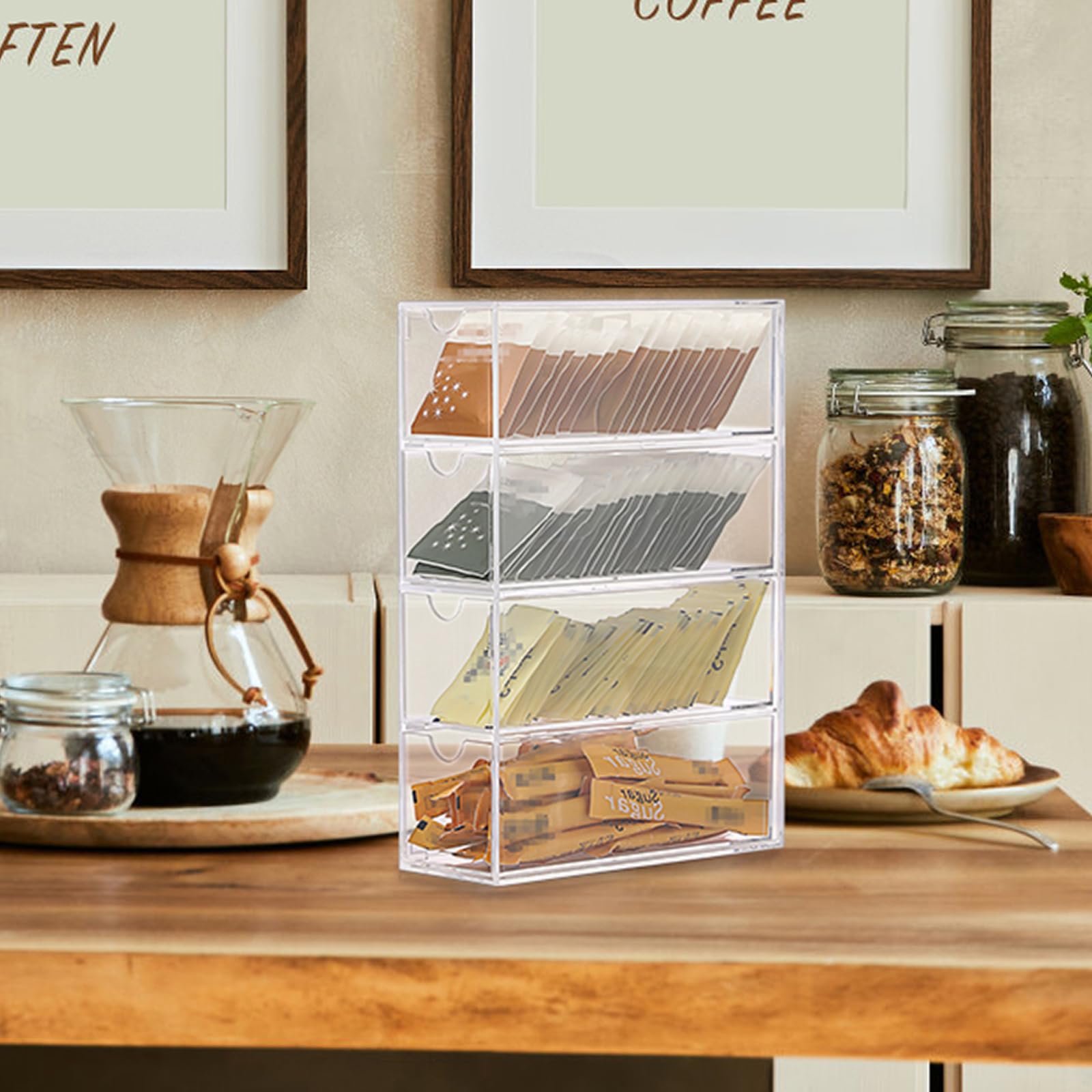 IGNPION 1 caja de almacenamiento de café acrílico para cápsulas de café con 4 cajones, caja de almacenamiento transparente para cápsulas de café de cocina y portabolsas de azúcar con tapa, cajón