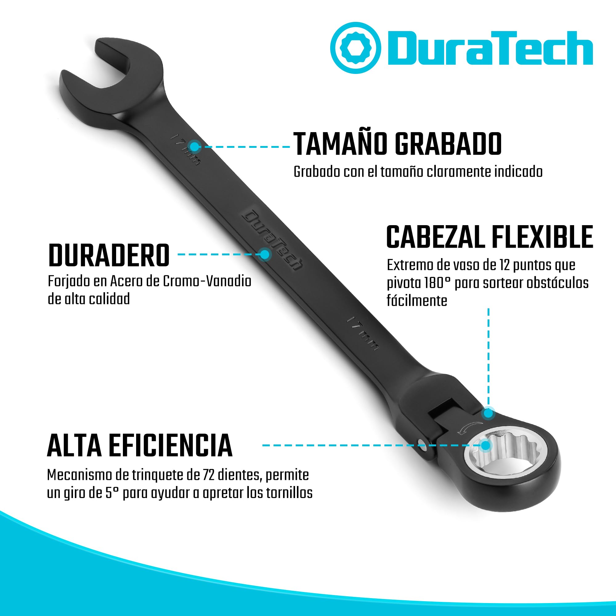 DURATECH Flex-Head - Juego de llaves de trinquete combinadas, 72 dientes, métricas, 9 piezas, 8, 10, 11, 12, 13, 14, 15, 16, 17 mm, revestimiento electroforético negro, acero CR-V, con bolsa rodante