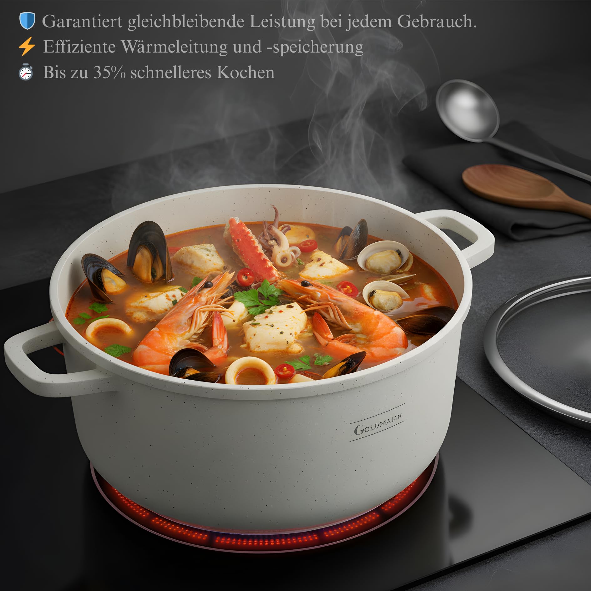 GOLDMANN Olla de Cocina de Aluminio Fundido con Tapa de Vidrio Selic, Revestimiento Antiadherente Cerámico Mármol Saludable & Apta para Inducción y Todas las Cocinas (Beige, 20 CM)