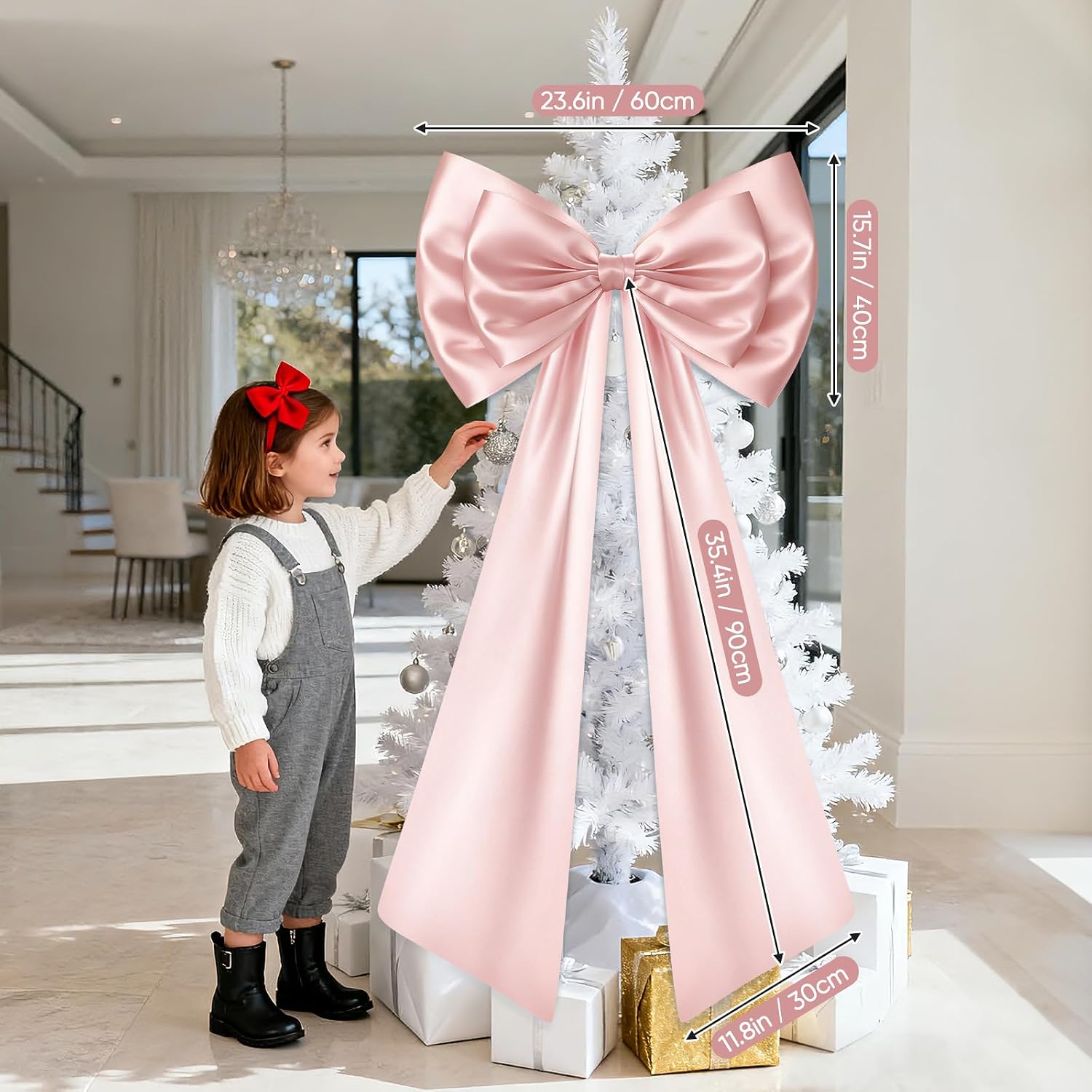 Giant Pink Bow Decorations, Double-Layer Large Satin Bows for Coquette Room Decor, Christmas Tree Topper Bow for Home Wreath Wall Backdrop Birthday Wedding Party Decor (Pink Bow, 24 x 36 Inches)