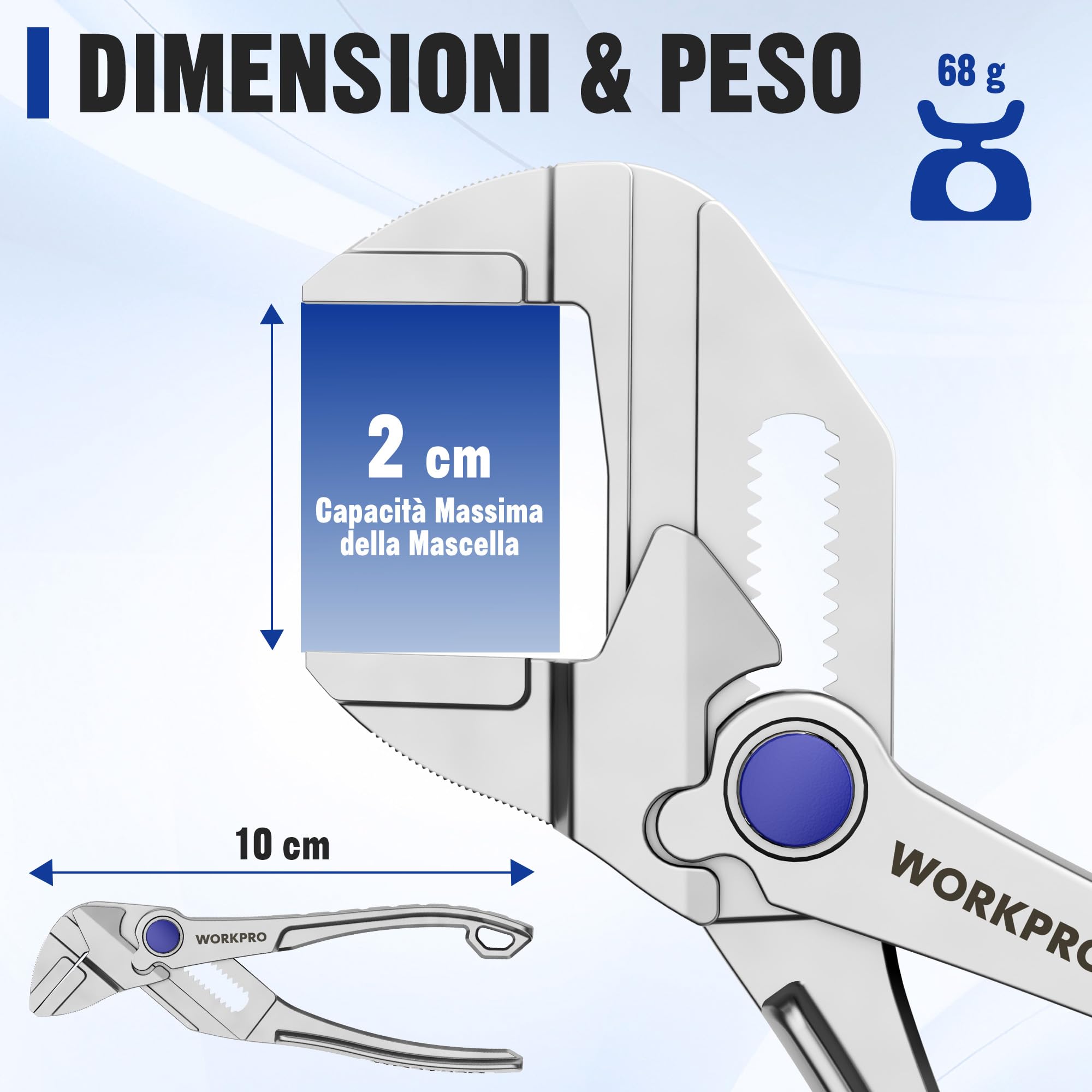 WORKPRO Mini Pinza Chiave da 100 mm, Chiave Regolabile ad Alta Resistenza, Morso Parallelo, Apertura Massima 20 mm, Strumento EDC Compatto per Spazi Ristretti, Argento