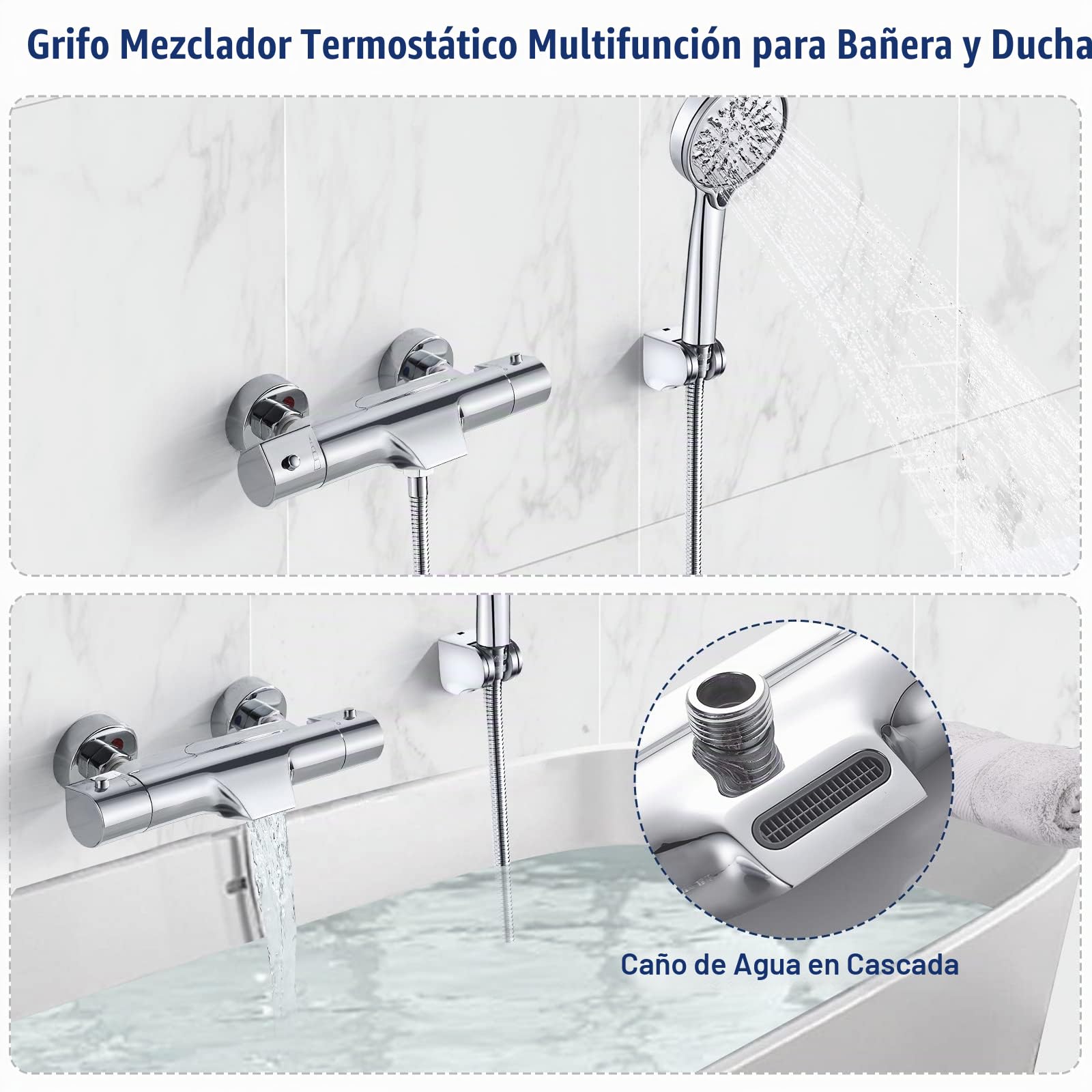 Grifo Ducha Termostático en Cascada Cromo, Grifo Termostatico Bañera con el Botón de Seguridad 38 ℃, Grifo Termostático para Bañera y Ducha de Latón con 2 Salidas de Agua, Montaje en Pared
