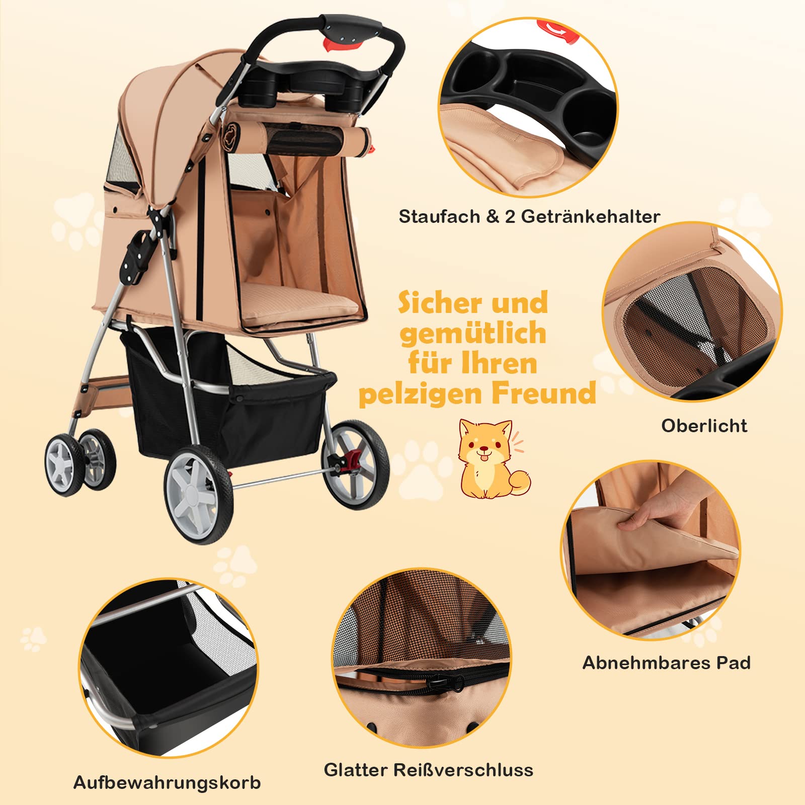 COSTWAY Hundewagen Haustiere Buggy, bis 15 kg, Hundebuggy mit Netzfenstern & Getränkehalter & Korb & Sonnenschutz, Faltbarer Katzenwagen, Katzenbuggy für kleine Hunde Katzen (Beige)