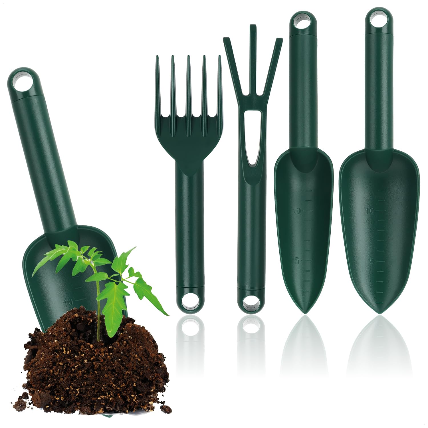 COM-FOUR® set di attrezzi da giardino da 4 pezzi in plastica robusta: cazzuola larga, cazzuola stretta, rastrello a mano e coltivatore per piante e giardinaggio (Set 1-4 pezzi)