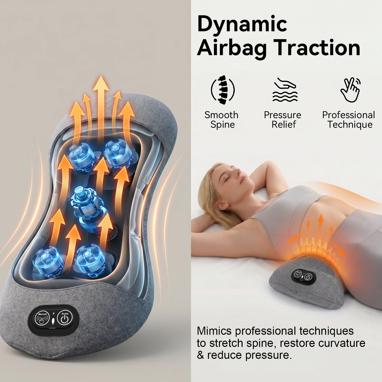 Masseur de dos électrique 3 en 1 avec chaleur, vibrations et étirements pour soulager les douleurs dans le bas du dos, coussin de soutien lombaire pour la maison, le bureau, le siège de voiture et le