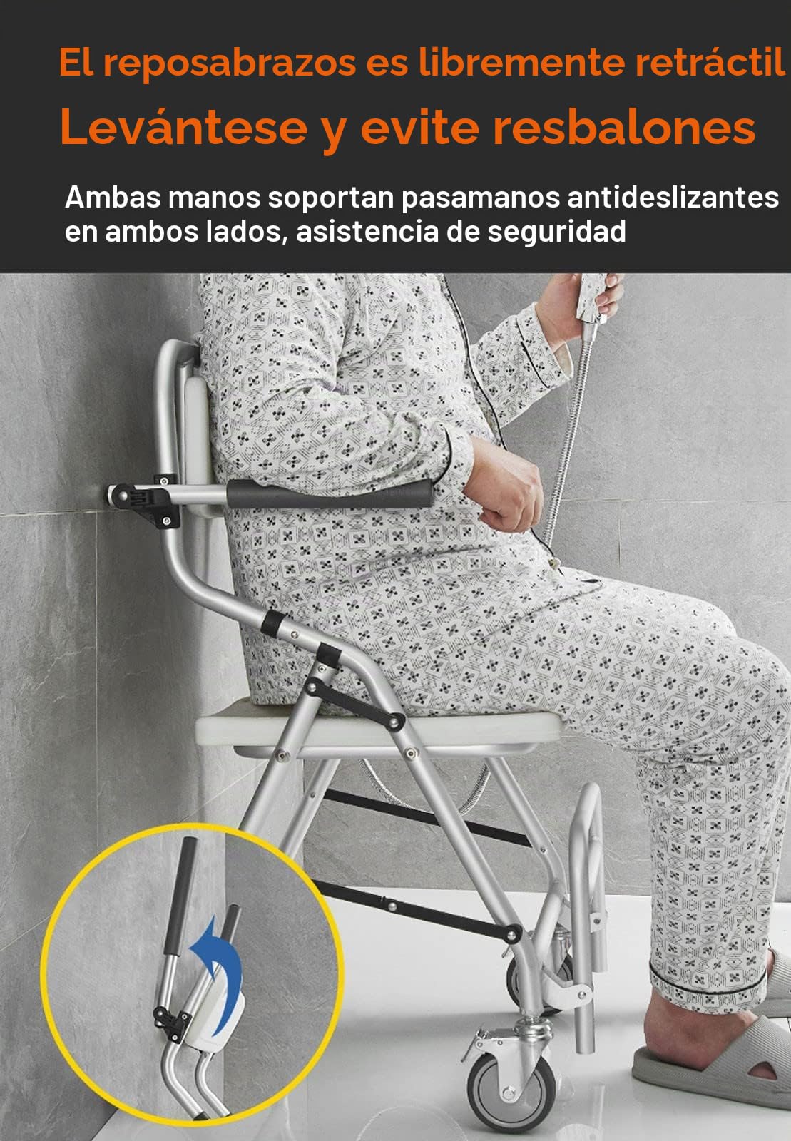 Silla para Ducha con Ruedas, Taburete de Ducha Plegable con Rueda de Freno Giratoria de 360° y Diseño Hueco en Forma de U, Silla de Baño para Ancianos y Mujeres Embarazadas, Aleación de Aluminio