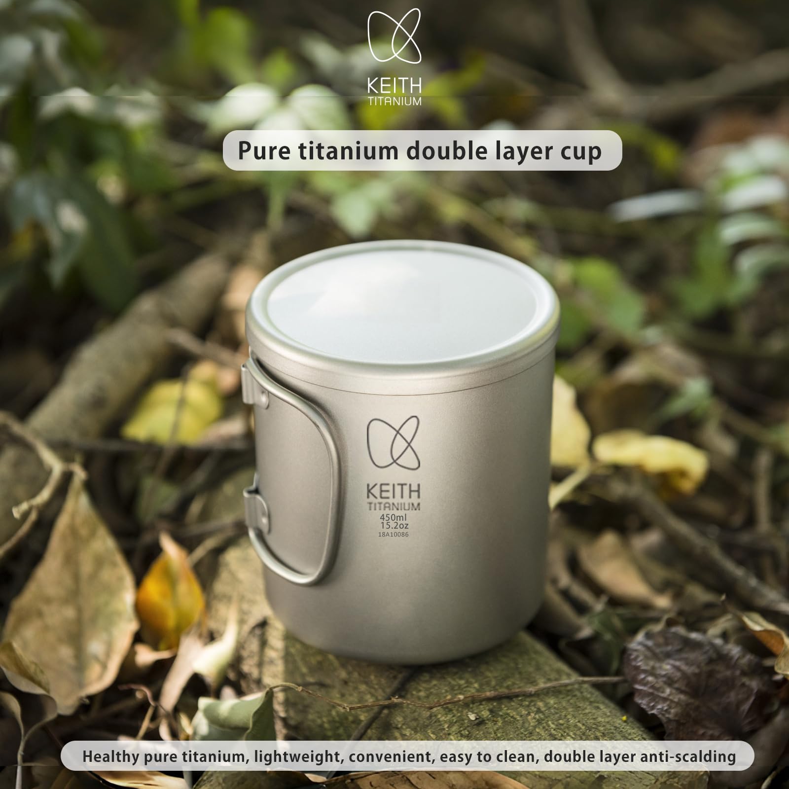 KEITH Tasse en titane à double paroi pour le camping, le thé, le café, le thé, avec couvercle et poignée pliable, 450 ml