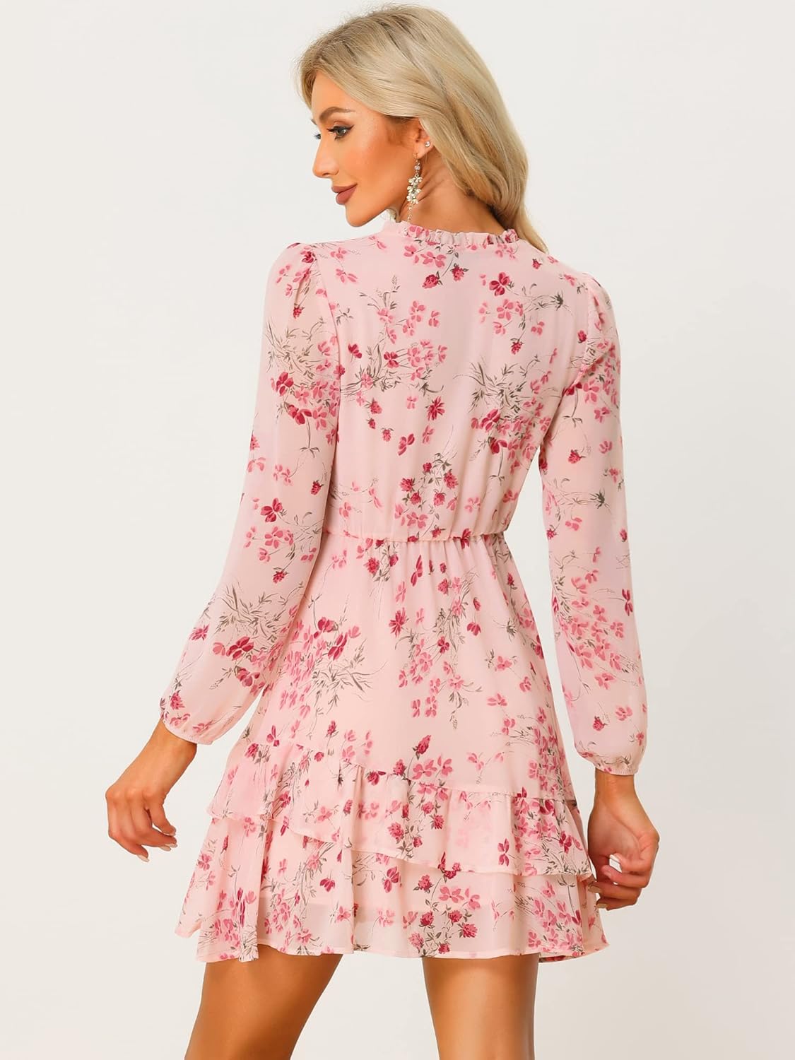 Allegra K Women's Fall Dresses 2025 Tie V Neck Semi Sheer Long Sleeve Layered Tiered Chiffon Mini Floral Dress - Image 5