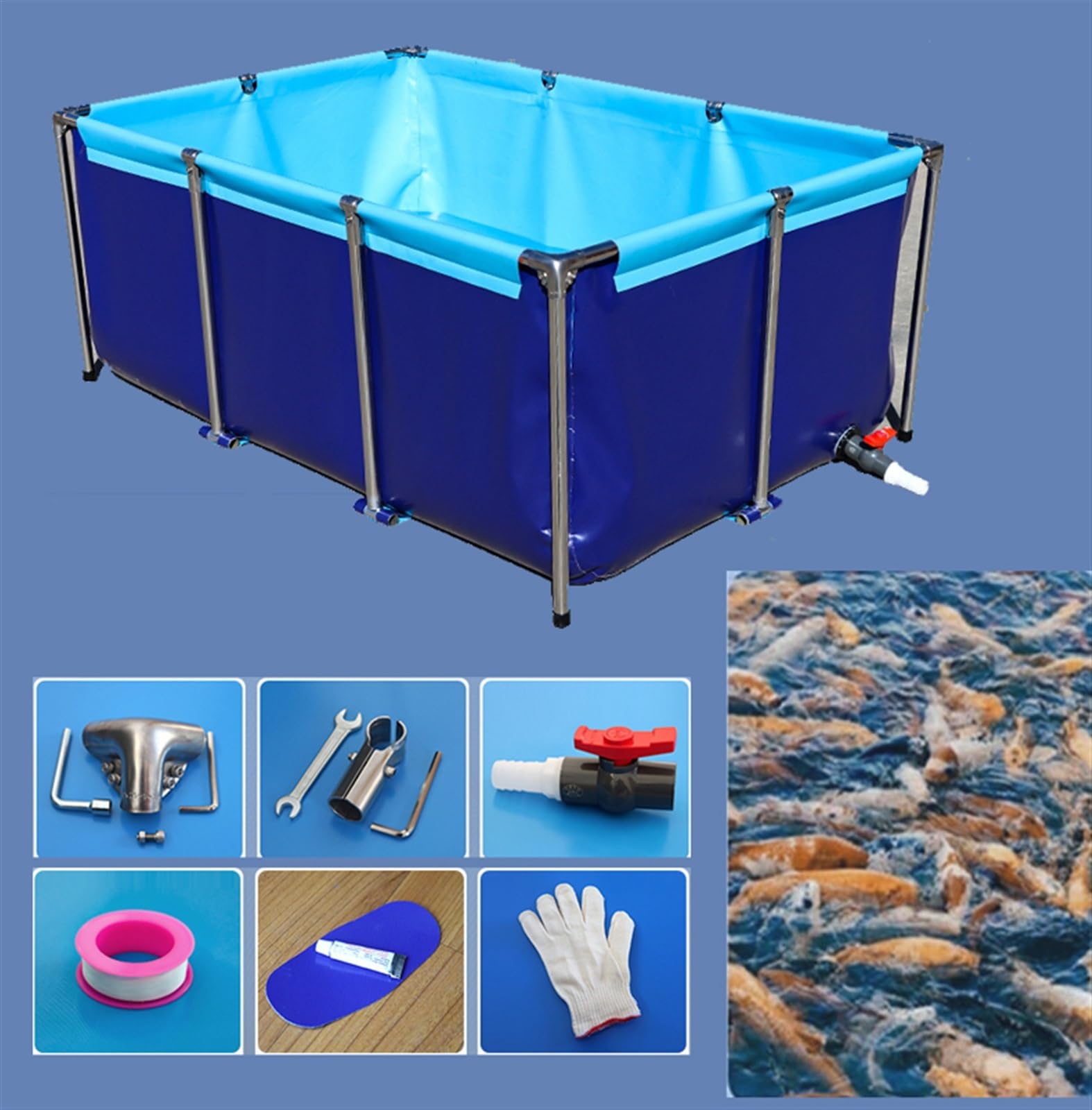 Générique Akwarium na koi z PVC z kranem spustowym - przenośny basen do obserwacji ryb, podlewania ogrodu i przechowywania wody na zewnątrz (0,8 m x 0,6 m x 0,3 m)