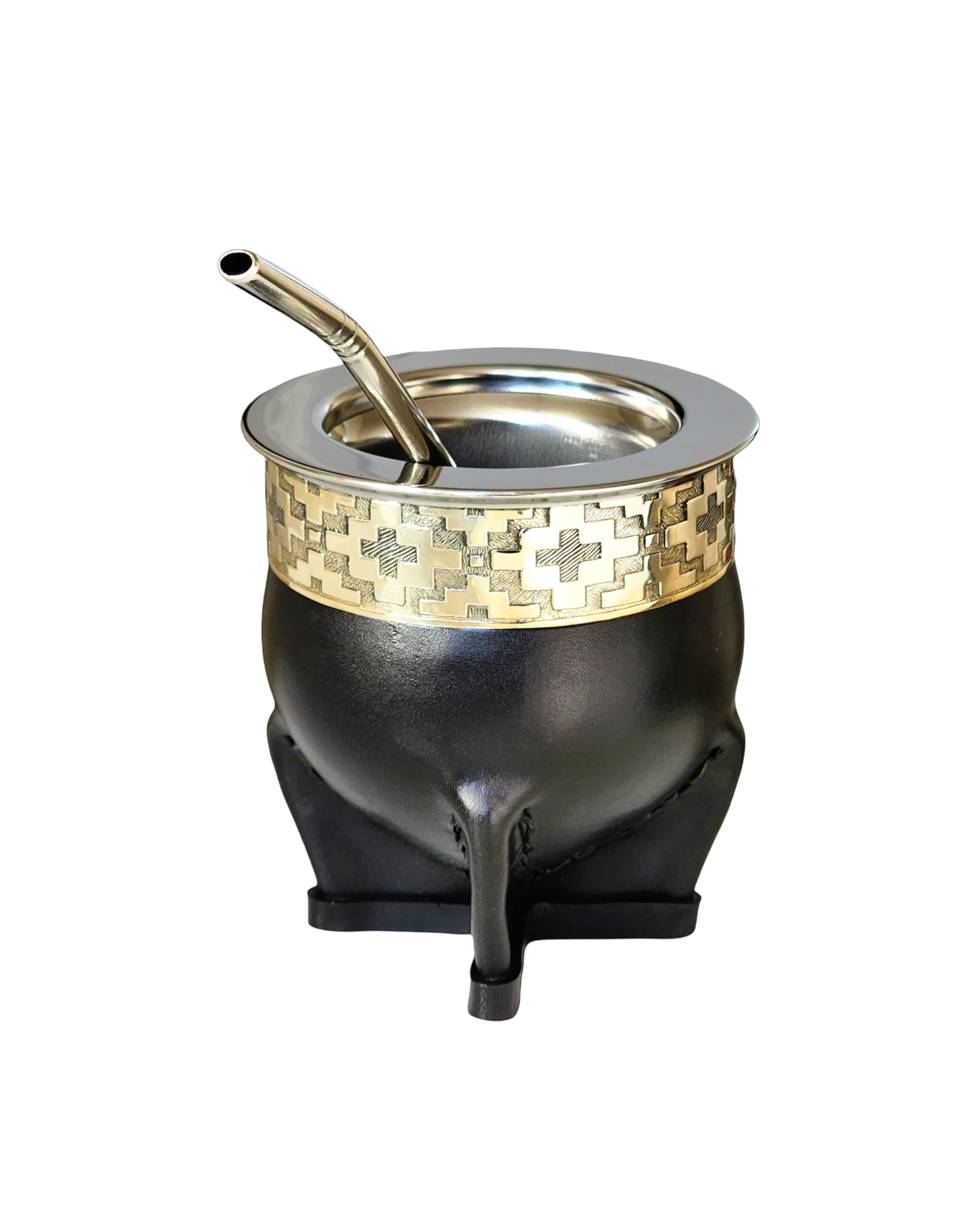 Taza Mate Imperial Argentino Premium - Hecho de Acero Inoxidable Térmico - Exterior Cuero Negro con Plata Alemana - Calabaza Yerba Mate Moderna - Incluye Bombilla de Regalo.
