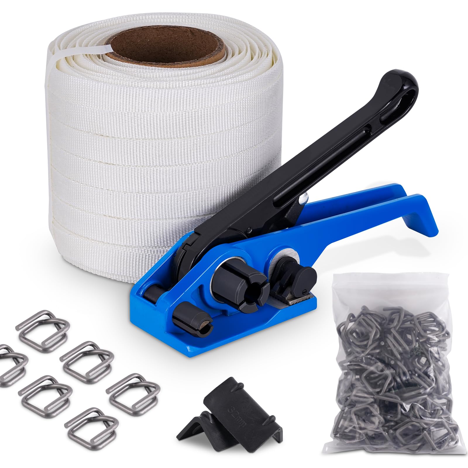 BAOSHISHAN Kit di reggetta con tessuto per l'imballaggio dei pallet (tenditore 2 in 1 + 100m di reggetta tessile + 100pcs fibbie di imballaggio fosfatante + 20 angolo di imballaggio)
