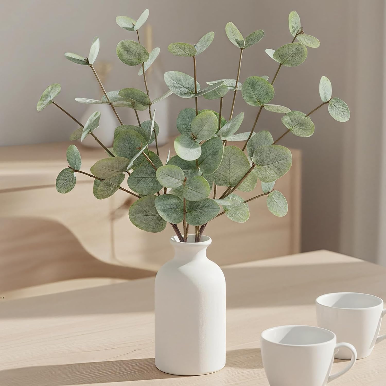 15" Artificial Eucalyptus Stems Potted Plant - Realistic Small Fake Desk Plants for Office Home Decor, Faux Plants in Frosted Ceramic Vase for Indoor Spaces, Wedding Centerpieces Table Decor（4pcs leaf