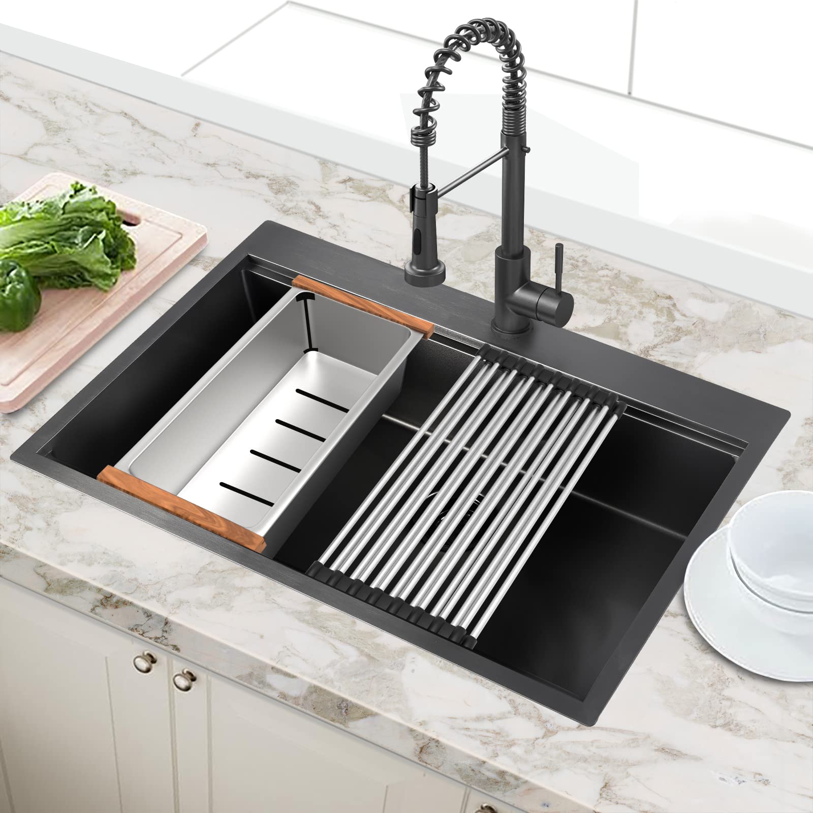 Buy ALWEN 33 inch metal Black Drop in Workstation Ledge Sink Single Top