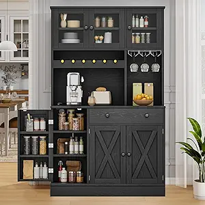 DWVO 71''H Kitchen Pantry Cabinet with Drawer, Doors, Goblet Holder, Wine Rack for Storage, Pantry Cabinet with Power Outlet for Kitchen & Living Room (Black Oak)