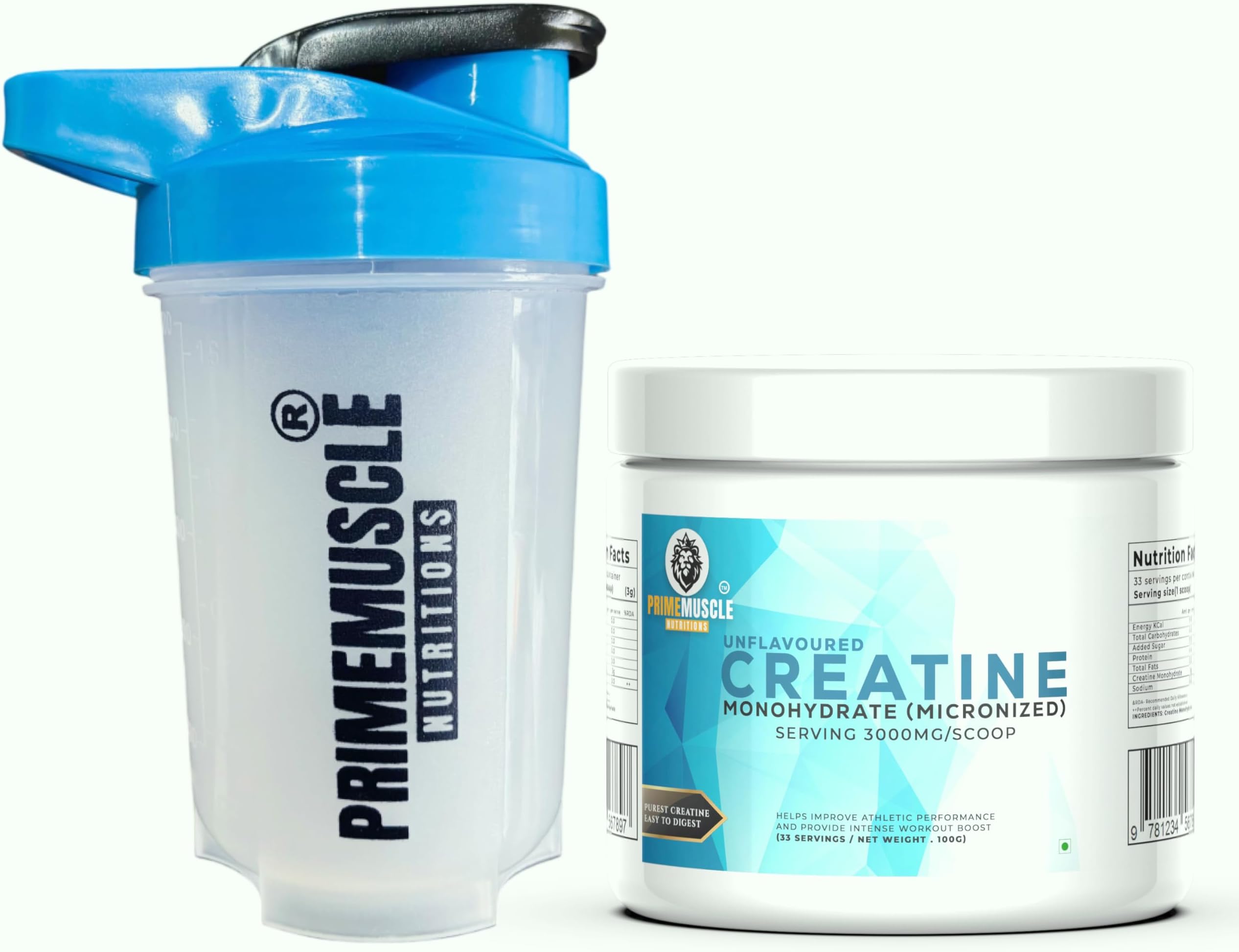 Primemuscle Nutritions Creatine Monohydrate Powder (100G+SHAKER, Unflavoured)