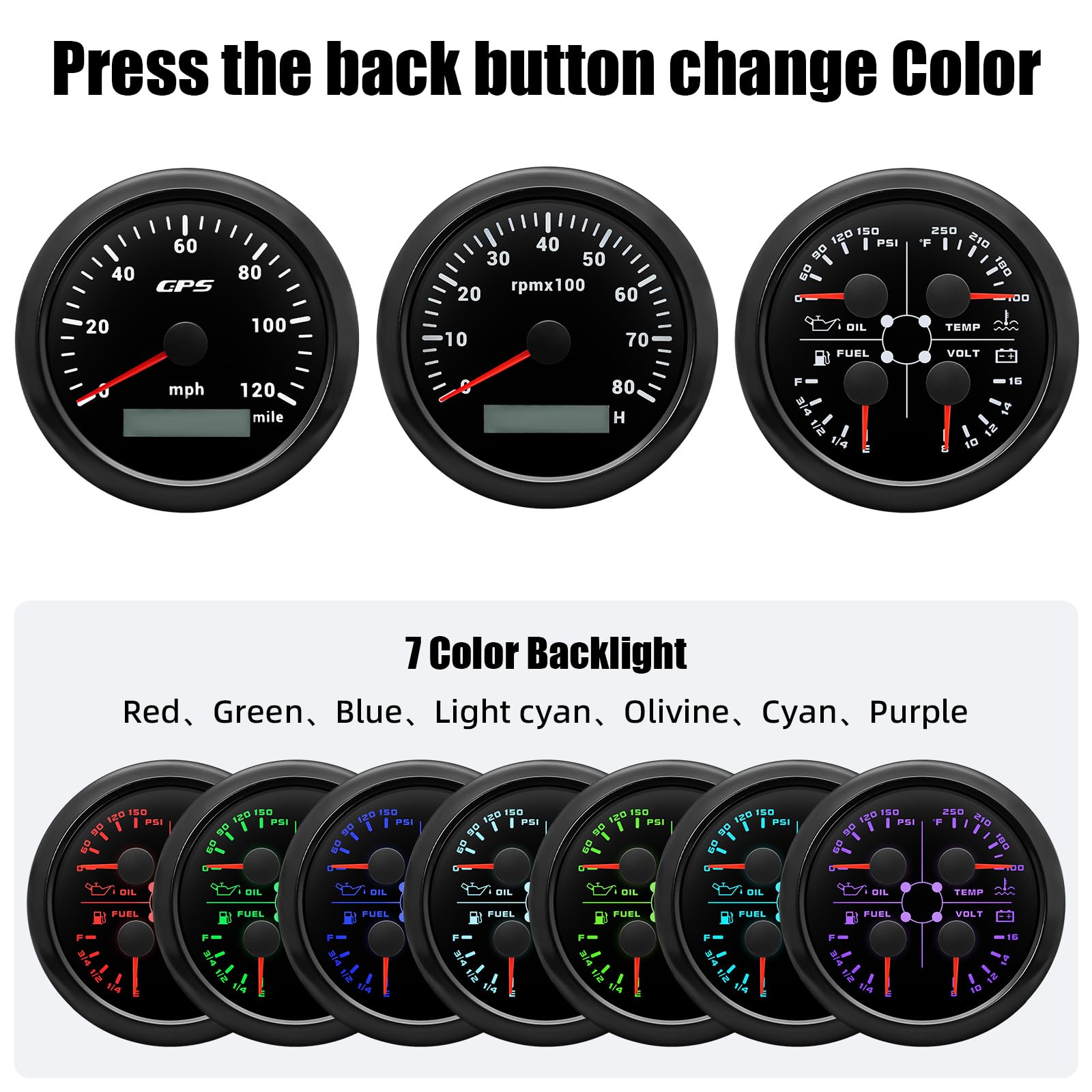 ARTILAURA Boat AUTO 3 Gauge Set- GPS Speedometer, Tachometer,4in1 Fuel Level/Water Temperature/Oil Pressure/Voltmeter, 85mm 7 Color Marine Gauges Kit (All Black)