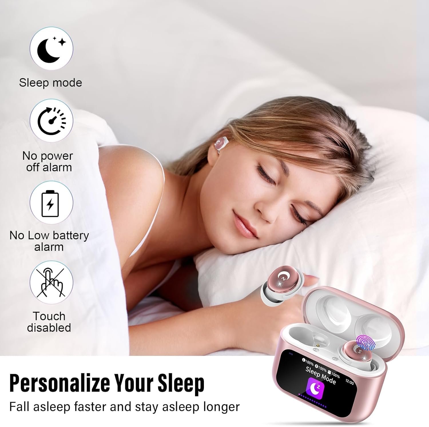 Cuffie Bluetooth, mini cuffie per dormire, 48 ore, Bluetooth 5.4 con touchscreen, 2026, senza fili, con cancellazione del rumore ENC, auricolari IPX7, bassi profondi, polvere di rosa