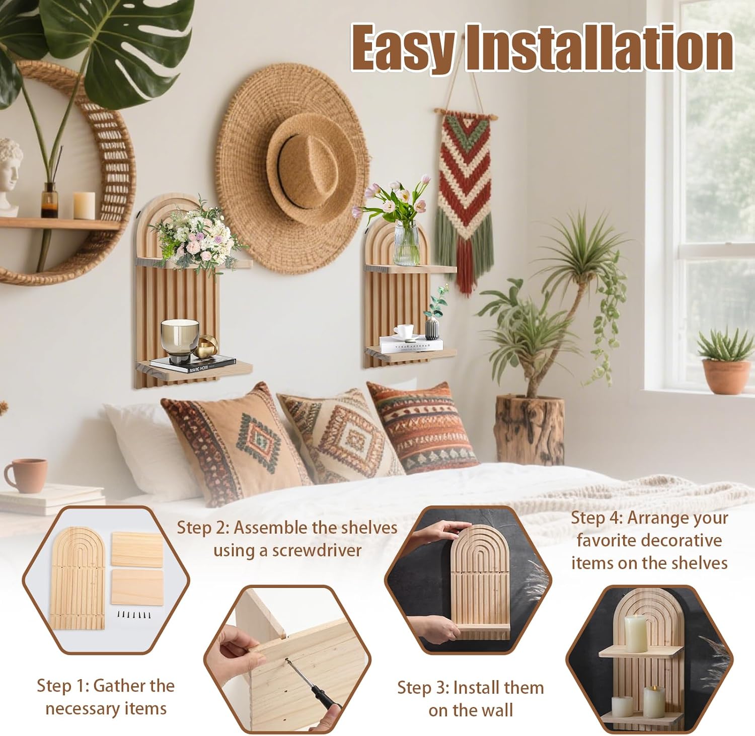 2 Pack Wooden Arched Wall Shelves, Mid-Century Modern Bohemian Style Double Layer Floating Shelves, Wall Mounted Display Shelves for Living Room, Bedroom, Nursery and Office Decor