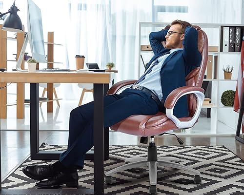 Miniatura 8 de Silla de oficina ergonómica, silla de oficina de piel sintética ajustable en altura con reposabrazos acolchados y soporte lumbar, silla de