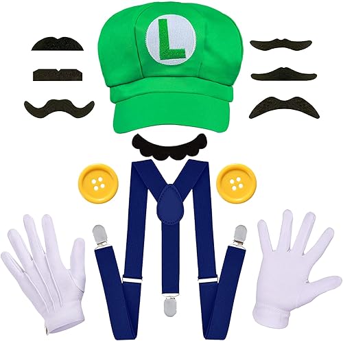 ratote Disfraz de Mari y Luigi para adultos, mujeres y hombres, juego completo de accesorios de Halloween y cosplay con sombrero, bigote, guantes,