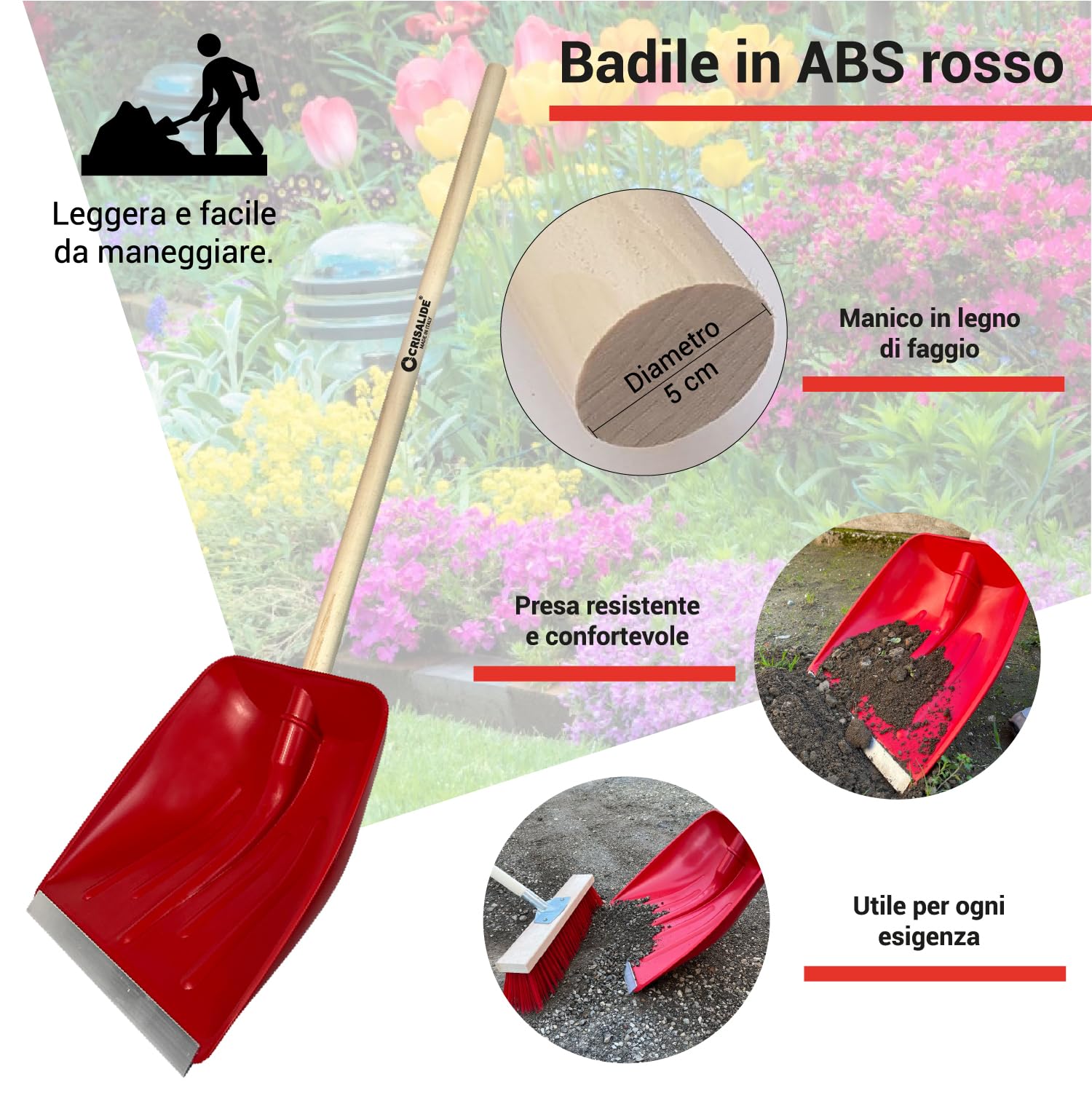 Crisalide® - Baie professionnelle en ABS, extrémités renforcées en aluminium anti-choc, 42 x 37 cm, poignée 135 cm, polyvalente pour usage agricole, jardinage et construction, pelle ergonomique