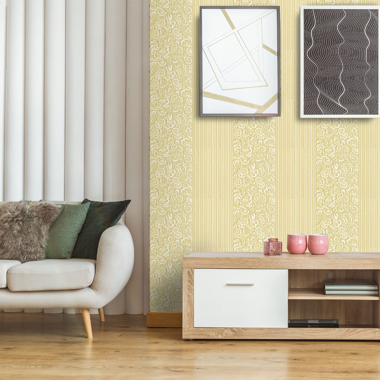 CRIMSON DECORS™ Non Woven Blonde Yellow Floral Stripes SELF Adhesive Wallpaper for Living Room Hall Bedroom Kitchen Peel and Stick Vinyl Wallpaper - 200 * 53 cm - 11 SQFT Approx (B0B74PXPF2) Amazon Price History, Amazon Price Tracker