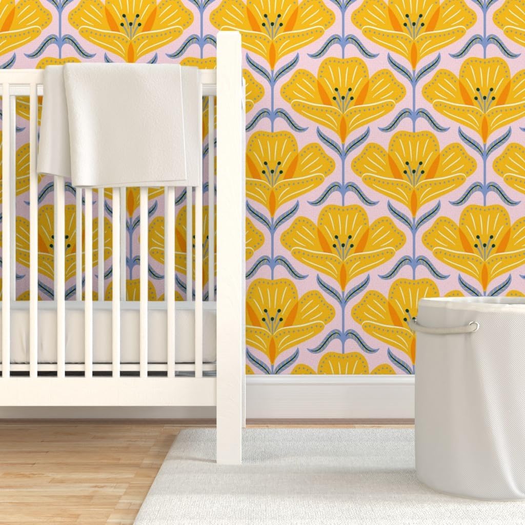 Peel & Stick Wallpaper Swatch - Maximalist Floral Large Scale Pink Orange Dopamine Decorating Scandinavian Botanical Seventies Custom Removable Wallpaper by Spoonflower