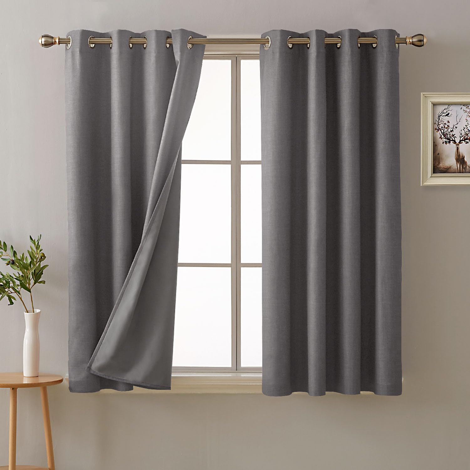 Deconovo Full Blackout Curtains Faux Linen Thermal Insulated Eyelet Curtains for Bedroom Living Room with Energy Saving Coating Linen Grey W46 x L54 One Pair