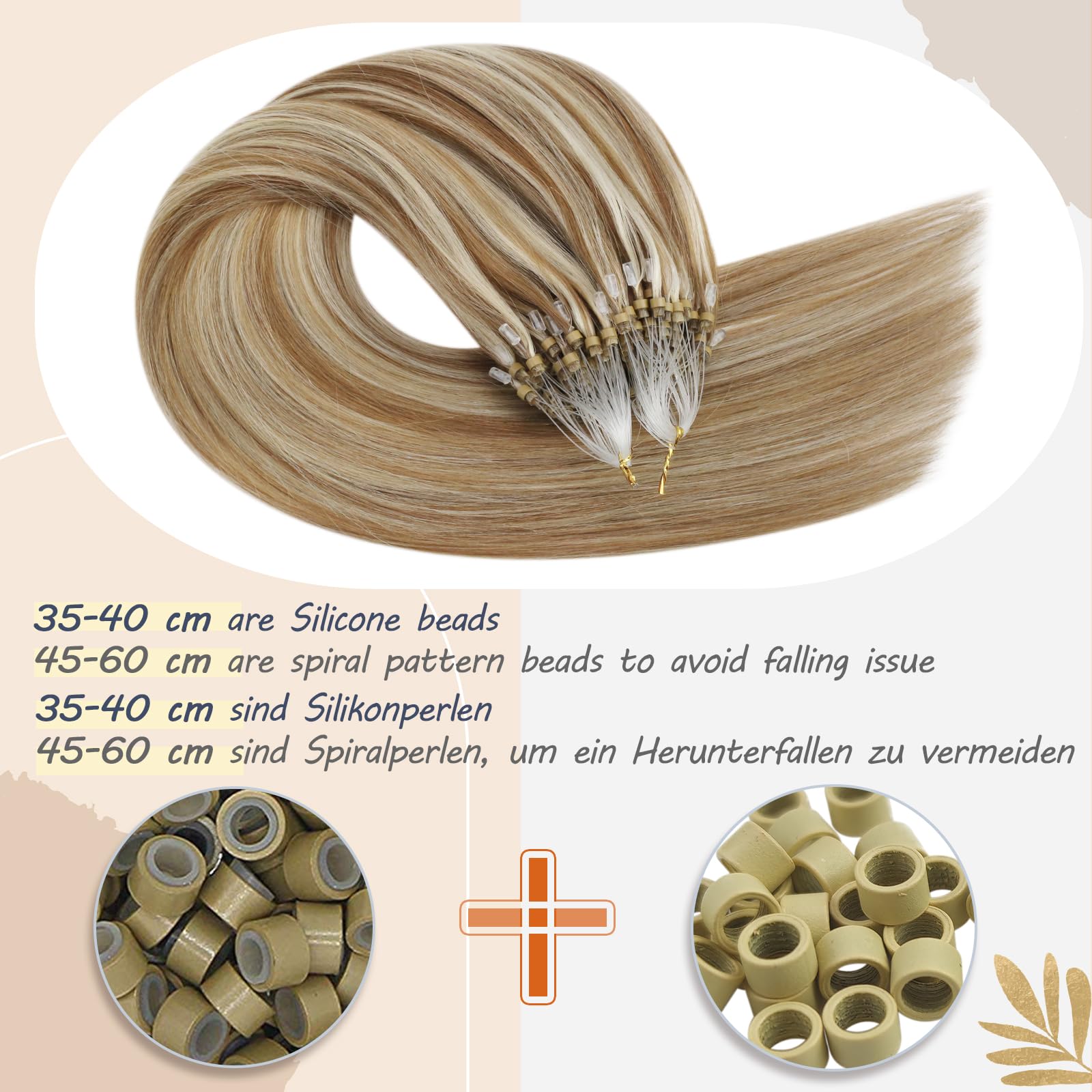 Ugeat 24 Inch Micro Beads Hair Extensions Real Human Hair Golden Brown Micro Ring Human Hair Extensions Highlights Bleach Blonde 50G/50S #10/613 - Image 3