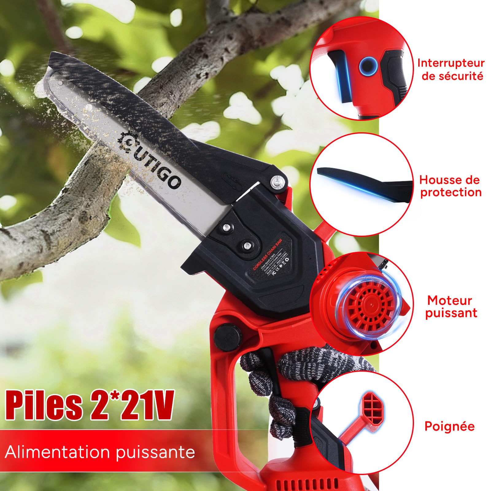 OUTIGO Tronçonneuse à batterie, 8 pouces, 2 * 4000mAh Akku, MINI Tronçonneuse sans fil, 4chaînes+3 barres de guidage de chaîne (8C)