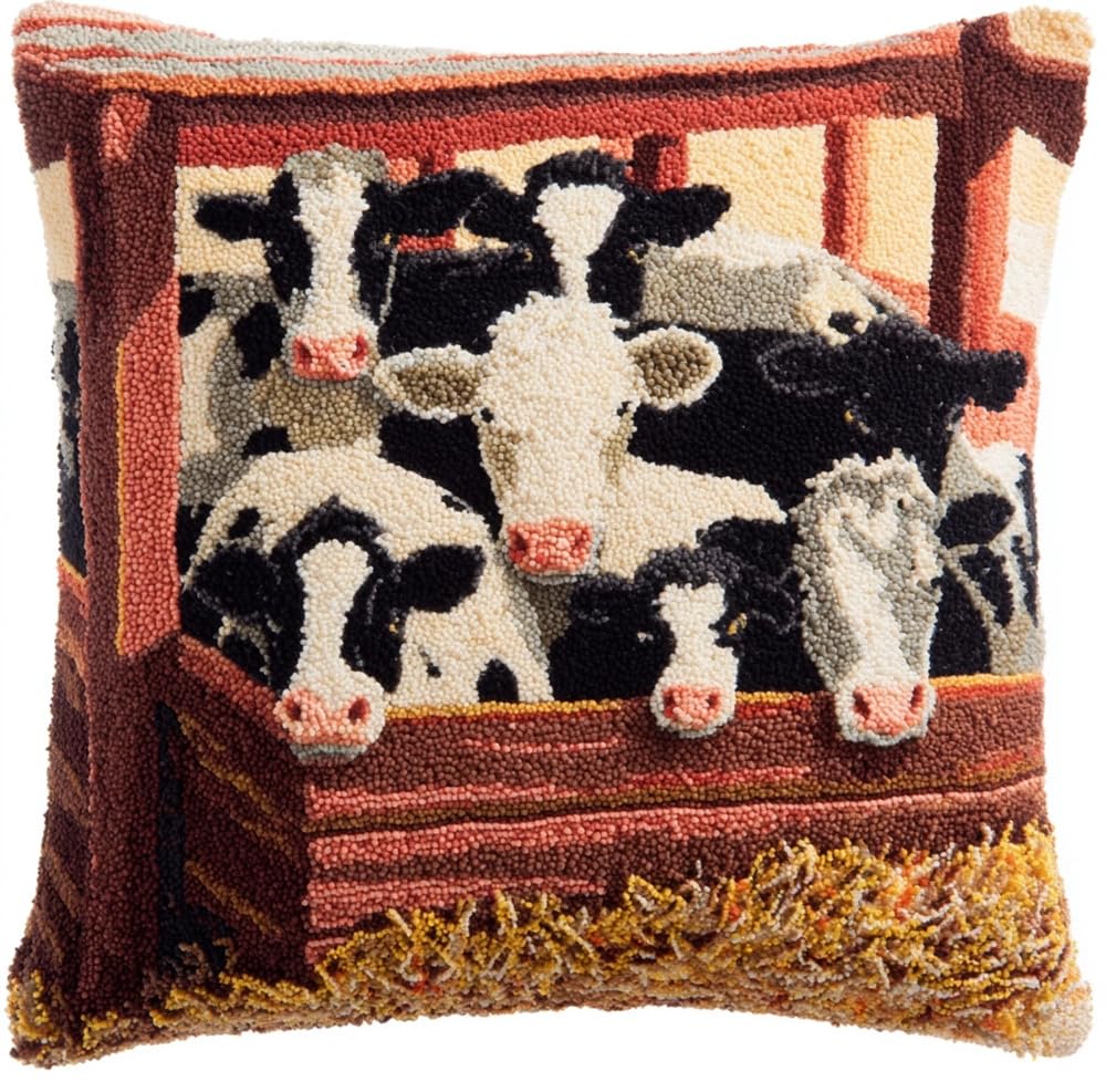 kitphoenix Latch Hook Cushion Kits for Adults Cows in A Pen