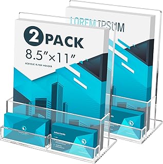 Acrylic Flyer Holder 8.5 x 11 with Business Card Holder, 2 Pack Clear Flyer Stands for Display, Brochure Holder for Trade Show, Pamphlet, Magazine, Literature, Booklets, Menu, Journals,
