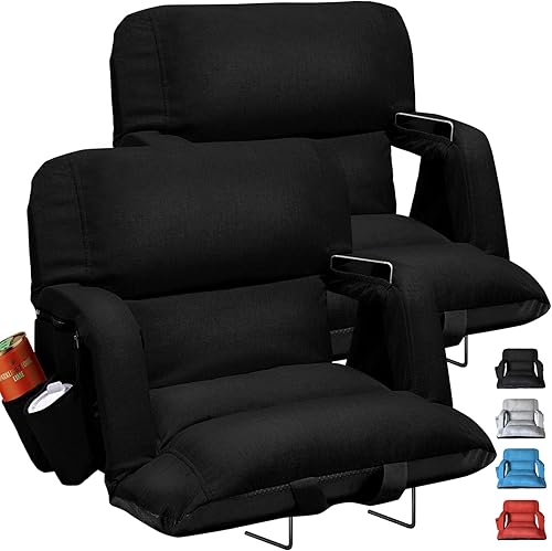 Miniatura 10 de Asientos anchos para estadio con soporte trasero, paquete de 2, sillas extragruesas exclusivas con respaldo y cojín, 6 posiciones reclinables, Negro