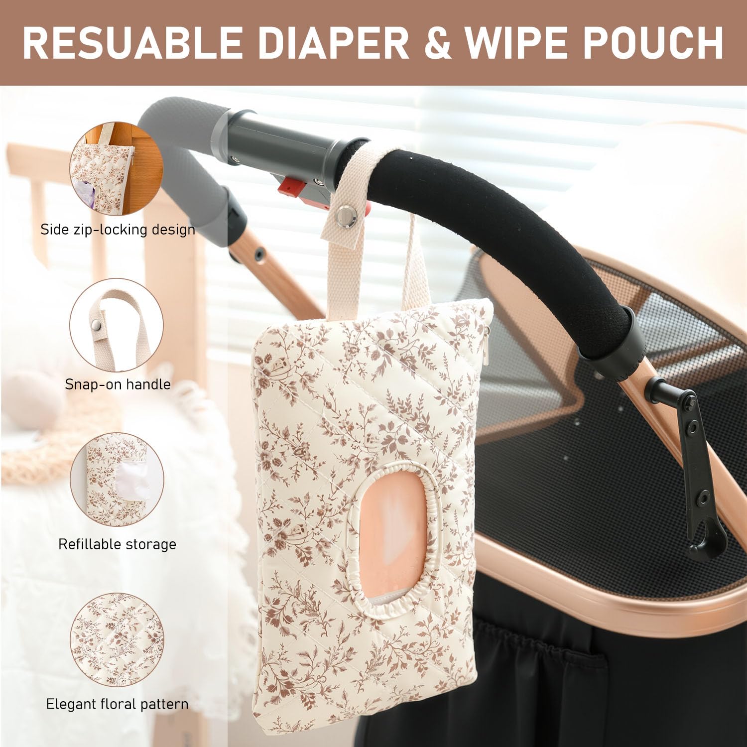 Wipe Holder Floral Diaper and Wipes Pouch Portable Hanging Wipes Bag for Car, Resuable Wet Wipe Pouch for Travel & Outdoor, Beige - 5