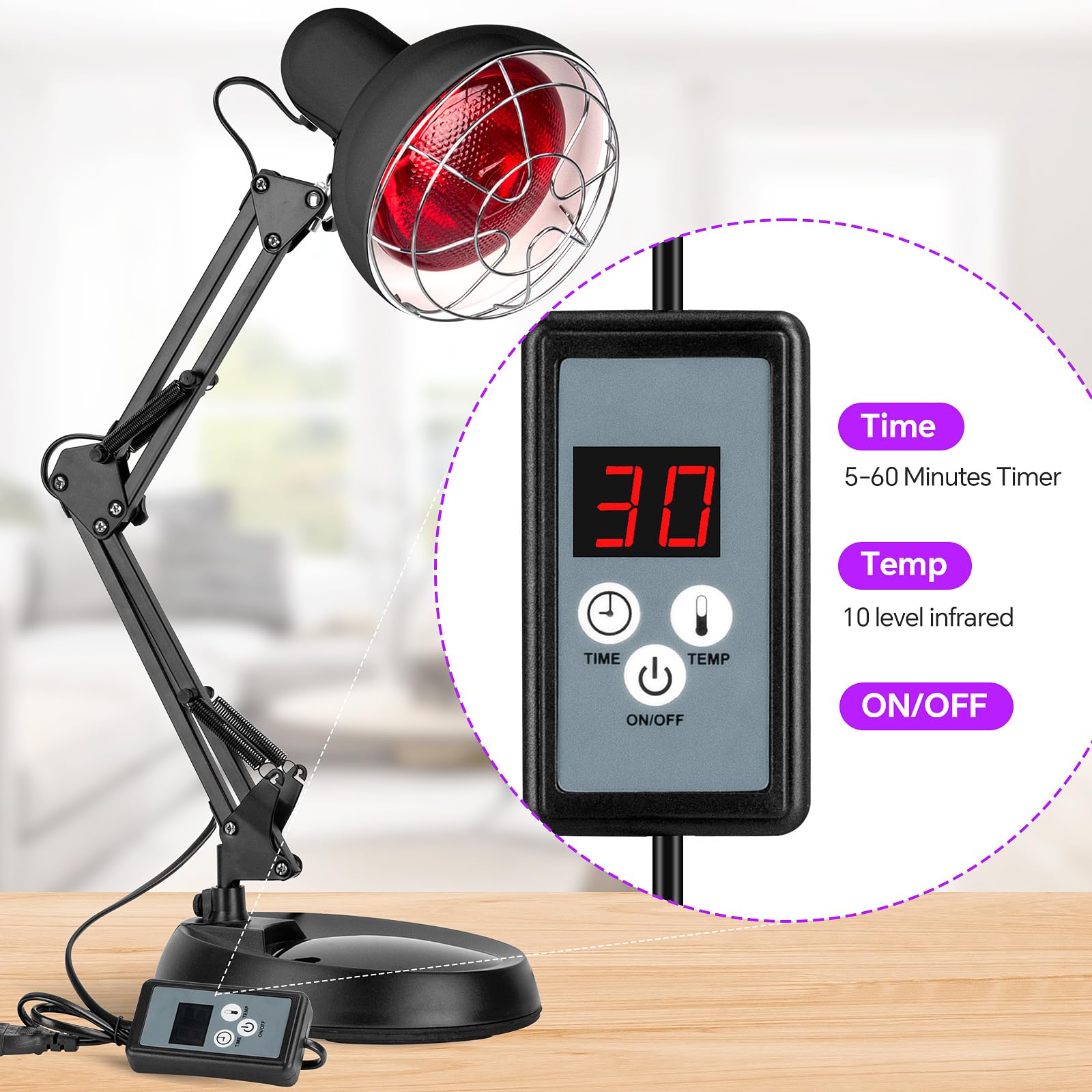 Cozion Lampada Infrarossi 100 Watt, Lampada a Infrarossi Riscaldante - 10 Temperature Regolabili, Luce a Riscaldante per Alleviare i Dolori, Luce Rossa Termica per Uso Domestico con Supporto e Timer