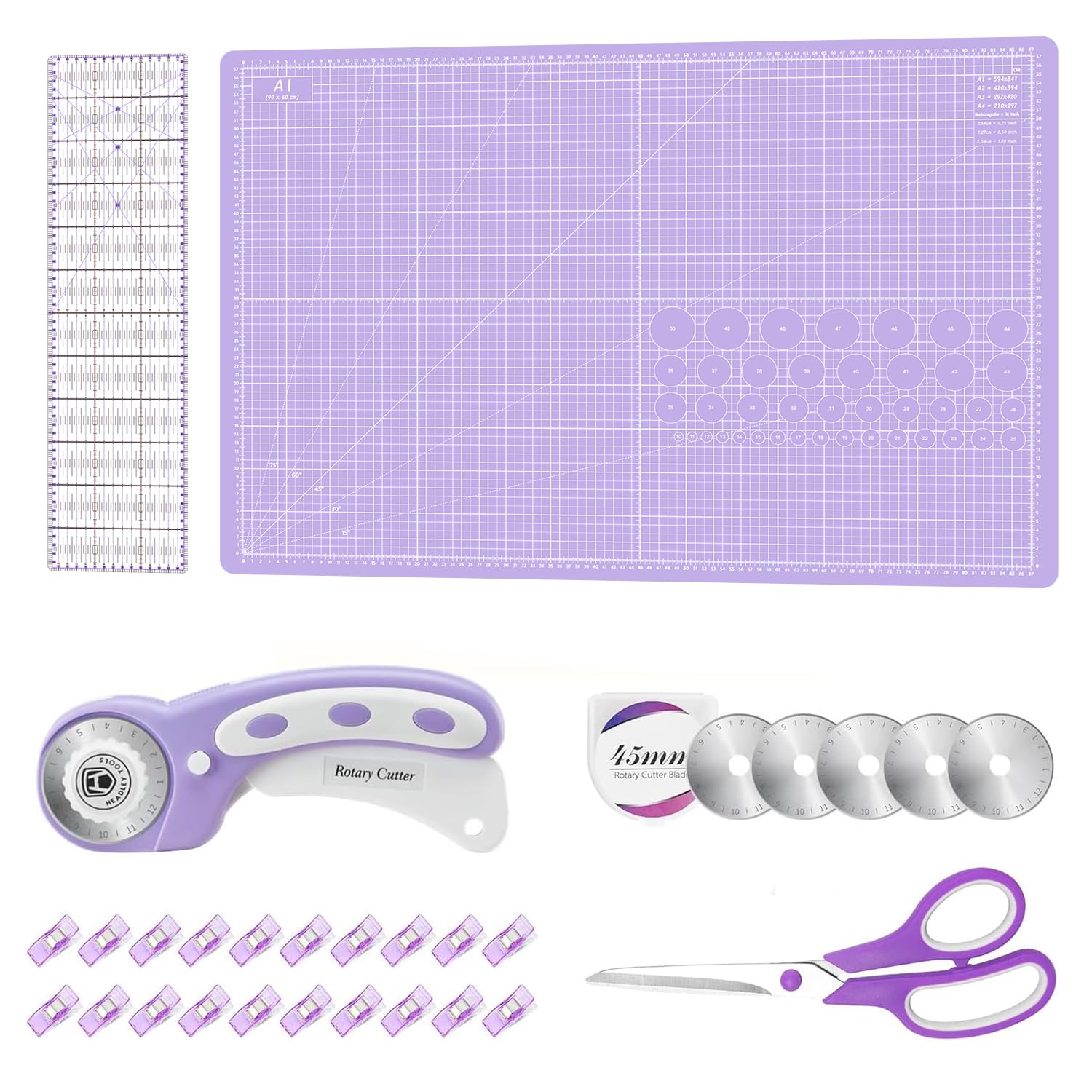 Rotary Cutter Set Purple- Quilting Kit incl. 45mm Fabric Cutter, 5 Extra Rotary Blades, A1 Self Healing Cutting Mat, Acrylic Ruler and Sewing Clips, Scissors, Ideal for Crafting, Sewing, Patchworking