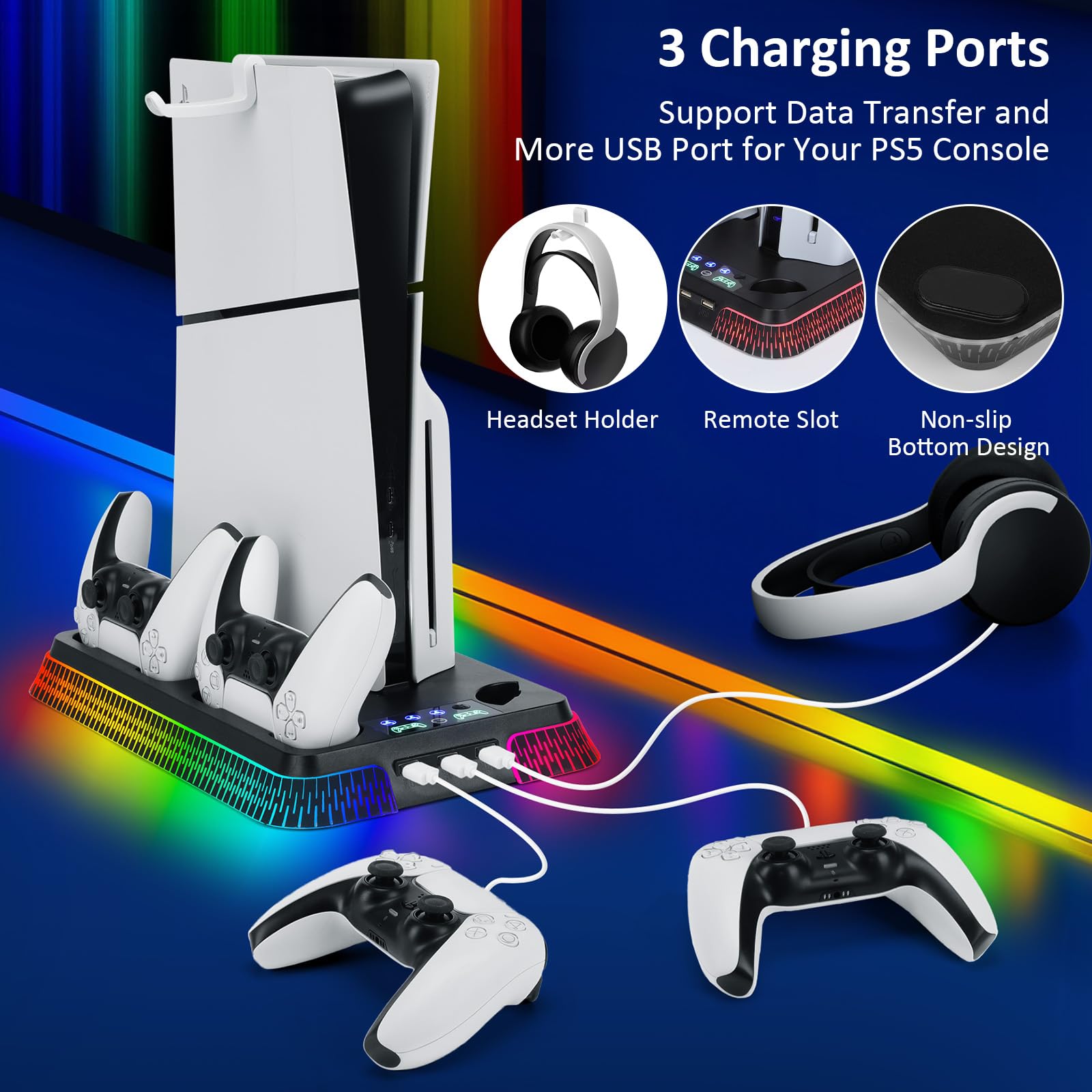 Supporto PS5 con Ventola di Raffreddamento & Luce RGB, Stazione di Ricarica Doppio Controller per PS5 & PS5 Slim Disc/Digital