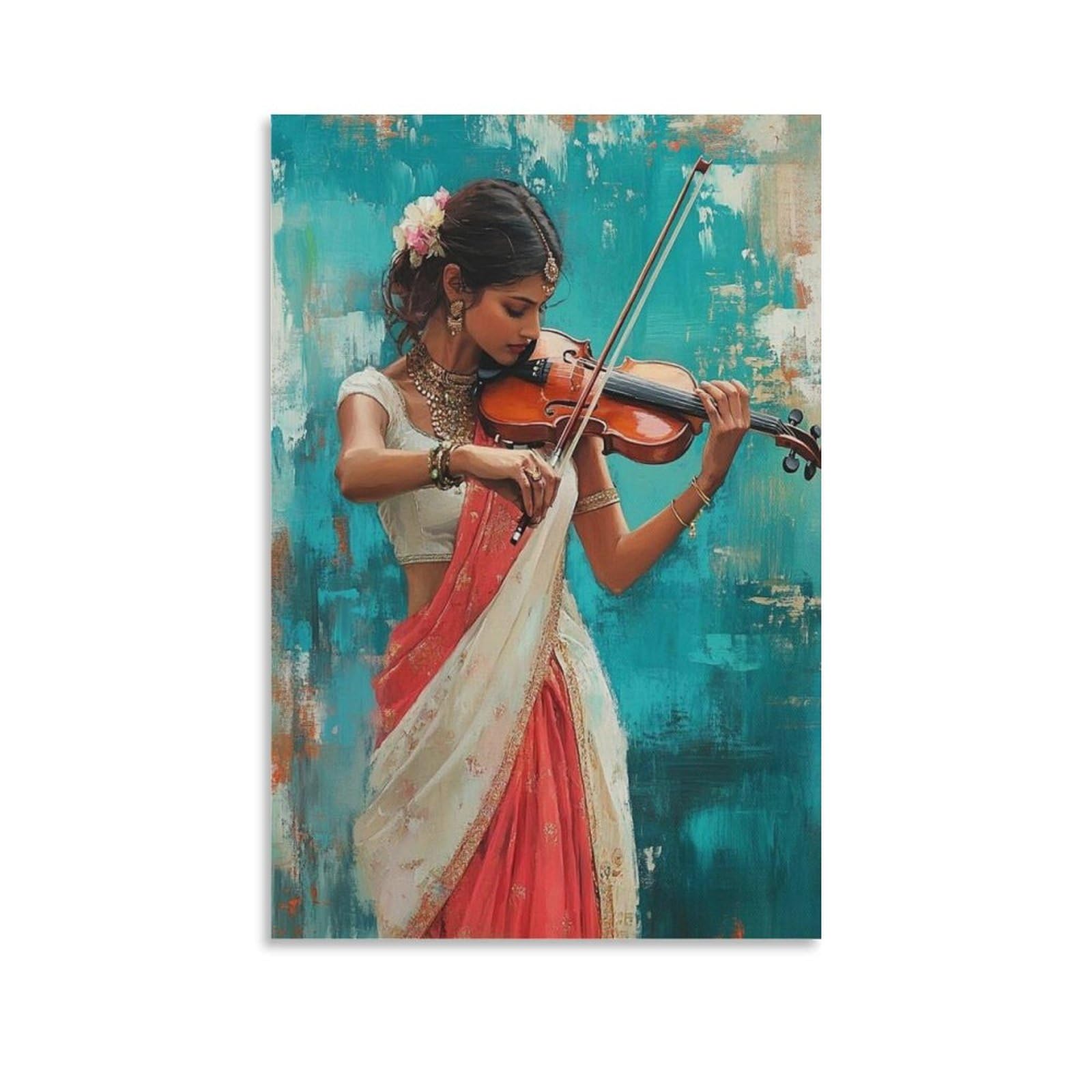 Wjwart Women's Indian In Saree Playing Violin Canvas Poster Wall Art Decor Print Picture Paintings For Living Room Bedroom Decoration 08X12inch(20X30cm)