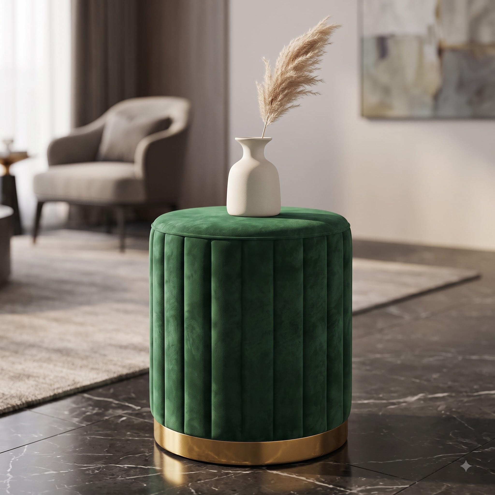 premium velvet round ottoman pouffe stool for living room | soft cushioned footrest & sitting stool for bedroom, dressing table & home decor (green)