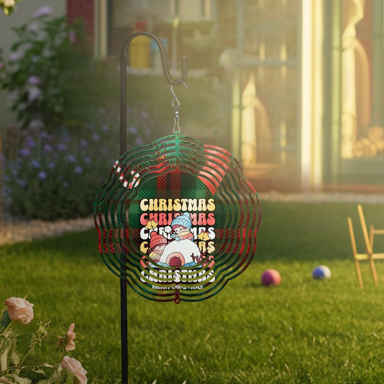 Green Red Plaid Merry Christmas Wind Spinners 3D Stainless Steel Laser Cut Metal Double Sided Printing-Hanging Indoor/Outdoor Decorations Yard Gardening Decor,Metal Kinetic Art 16x16 inches