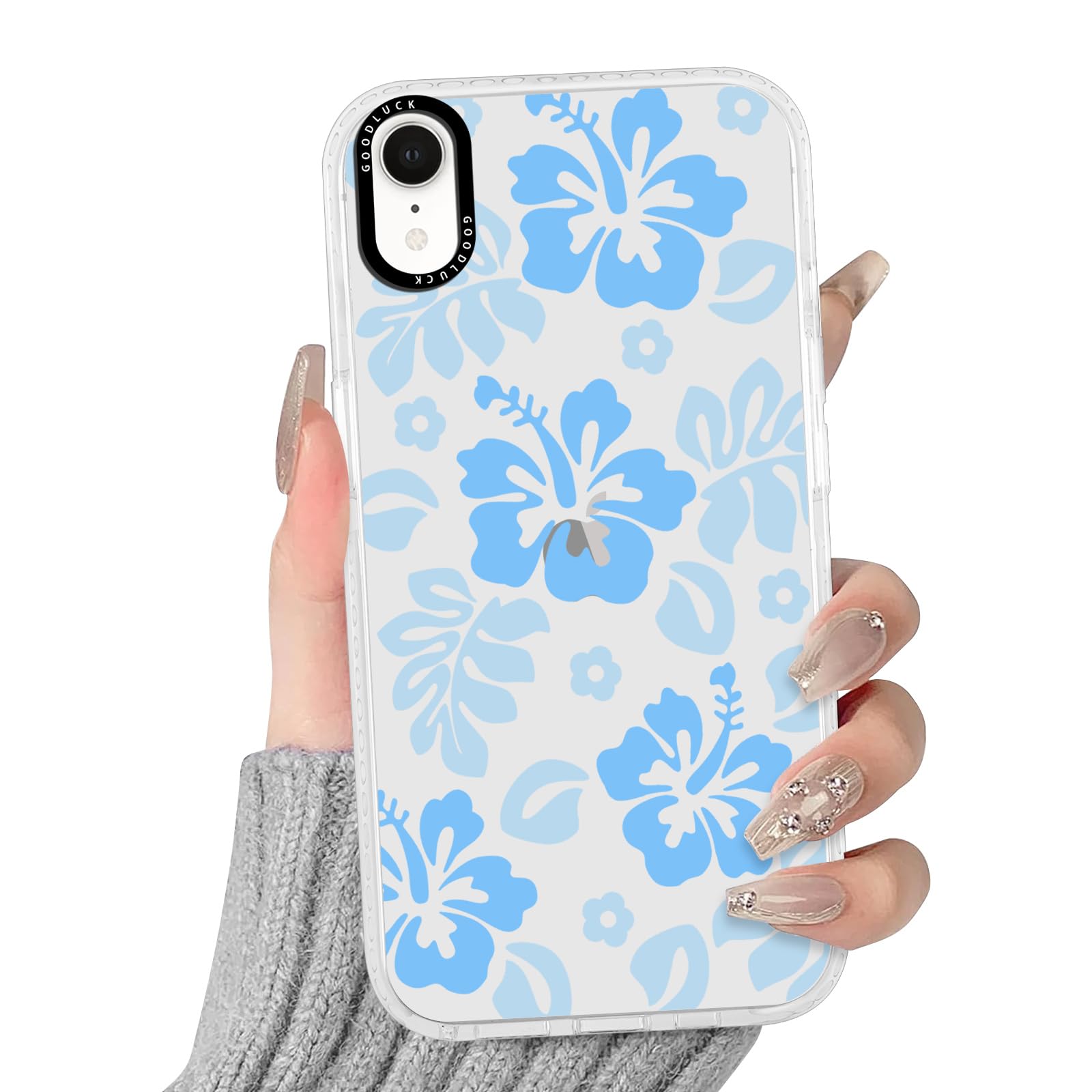 RUMDEY Clear Hibiscus Flower Case for iPhone XR 6.1", Cute Preppy Floral Crystal Pattern Aesthetic Design Soft Slim Anti-Yellow Protective Shockproof TPU Phone Cover for Women Girls - Blue