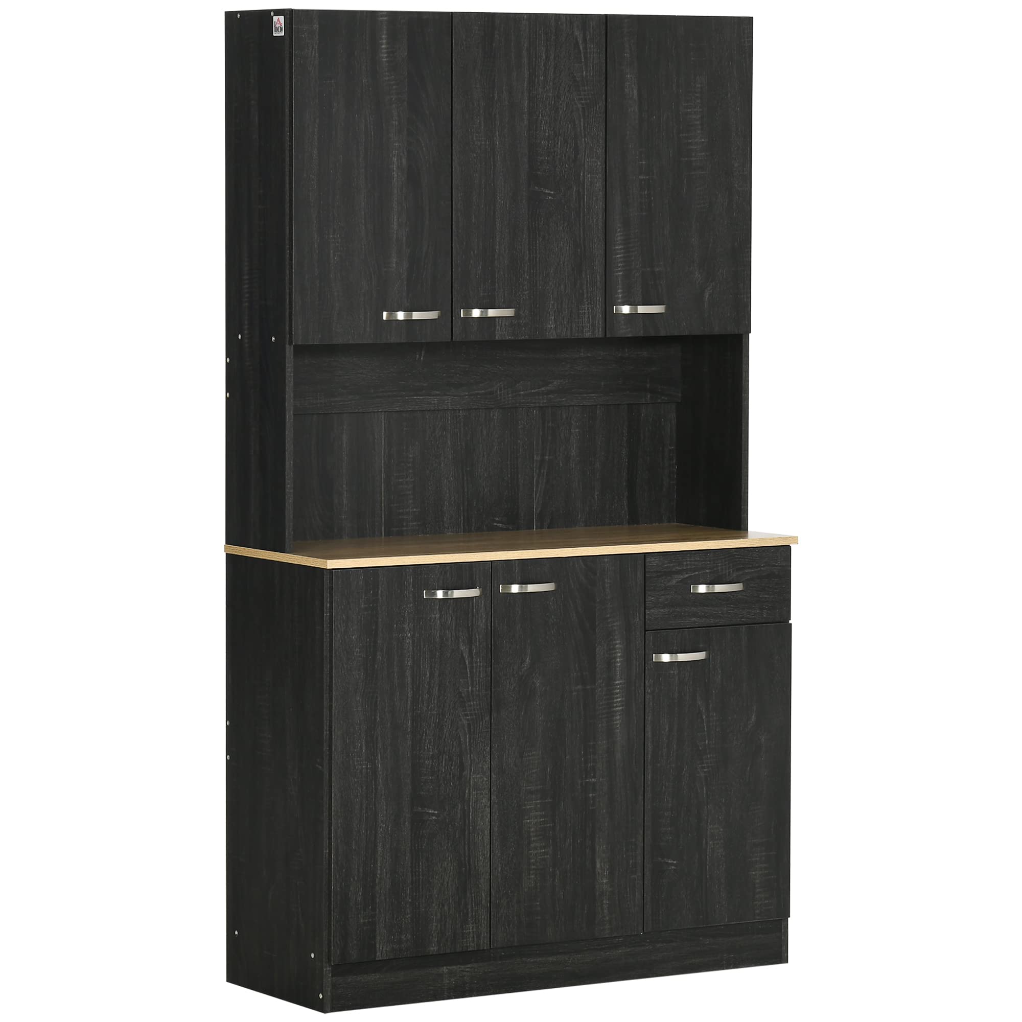 HOMCOM Credenza Cucina con Armadietti, Cassetto e Piano Portamicroonde, Mobile Dispensa Stretto con Ante e Ripiani Regolabili, Mobile Cucina per Soggiorno, Sala da Pranzo, 101x39x180 cm, Nero