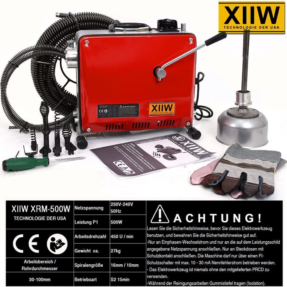 16mm 29M Spiralen Elektrische Rohrreinigungsmaschine für Ø30-100mm Rohrleitungen Rohrreinigungsspirale Ø10mm 5M, 500W 450U/min Rohrreinigungsgerät Rohrreiniger Reinigung Drain Clean Abflussreiniger