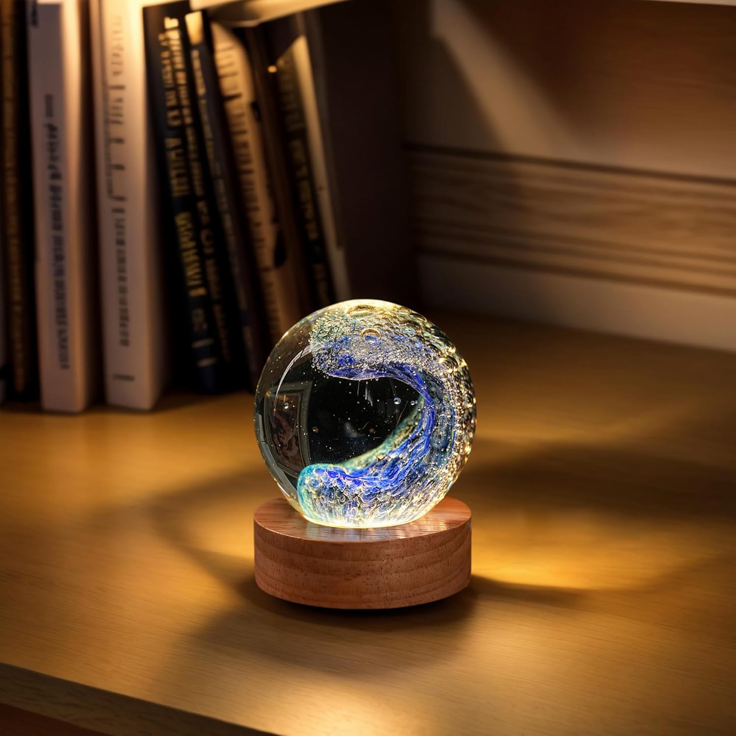 Hand Blown Glass Ocean Waves Ball 2.36in Crystal Ball with Wooden Light Base Sea Glass Art Beach Decor for Home Office Gifts for Ocean Lovers