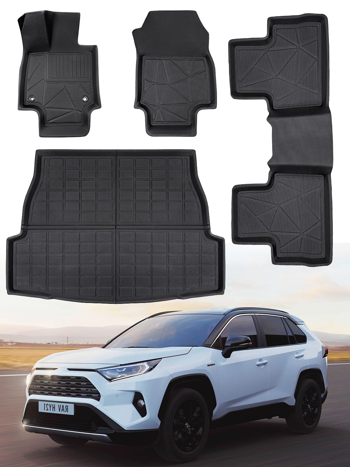 WAYIDSS Tapis de sol et tapis de coffre pour Toyota RAV4 2019-2023 2024, protection contre les intempéries, 2 rangées avec accessoires de doublure de chargement - Noir