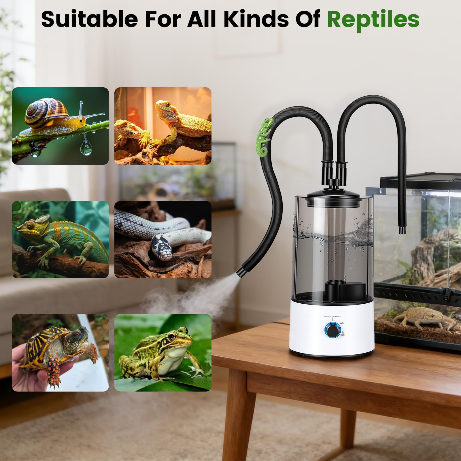 Humidificador Aéreo para Reptiles, 4L Generador Niebla para Terrarios con Tubo Doble Extensible, Ajuste en Tres Niveles del Tamaño de la Niebla, Vaporizador Ultra Silencioso para Reptiles