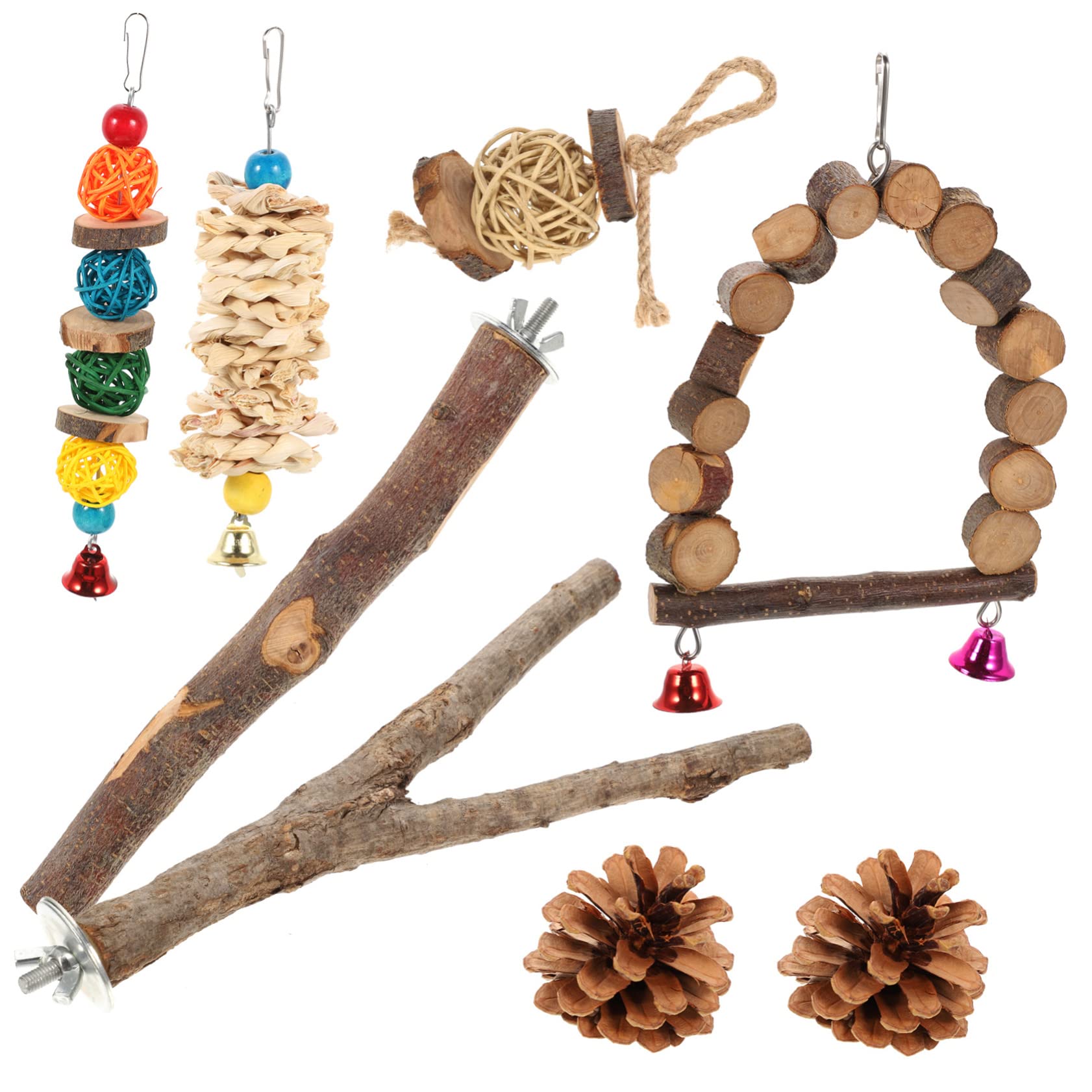 WOONEKY Vogelspielzeug Set Aus Apfelholz Für Papageien Und Wellensittiche Teiliges Kauspielzeug Mit Bunten Perchen Und Haken Für Vogelkäfige Fördert Das Kauen Aktivität